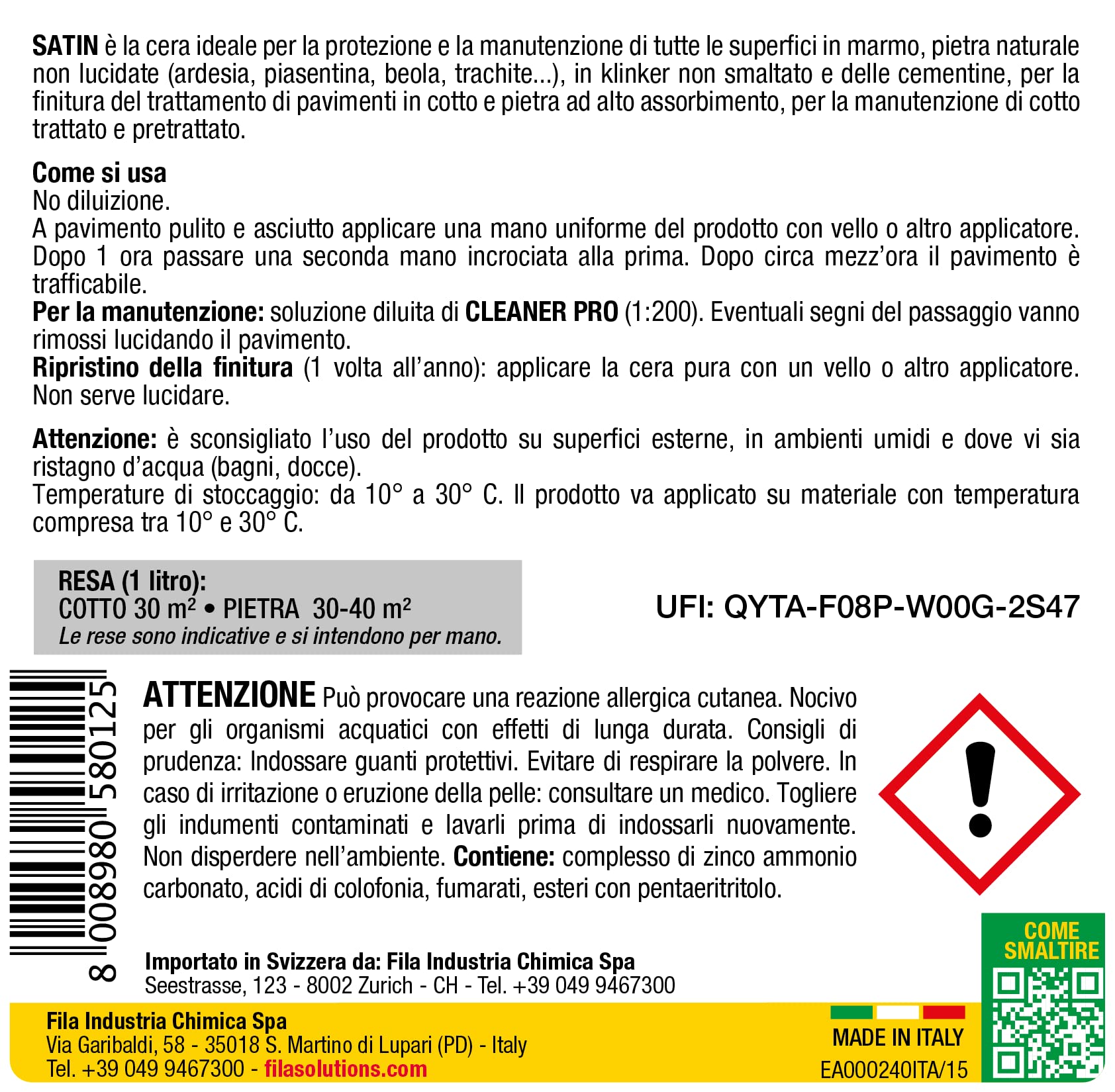 Fila Surface Care Solutions, Satin, Cera Protettiva Ad Effetto Satinato Ideale per Pavimenti in Cotto, Klinker, Pietra e Agglomerati Non Lucidi, Cementine, 1L