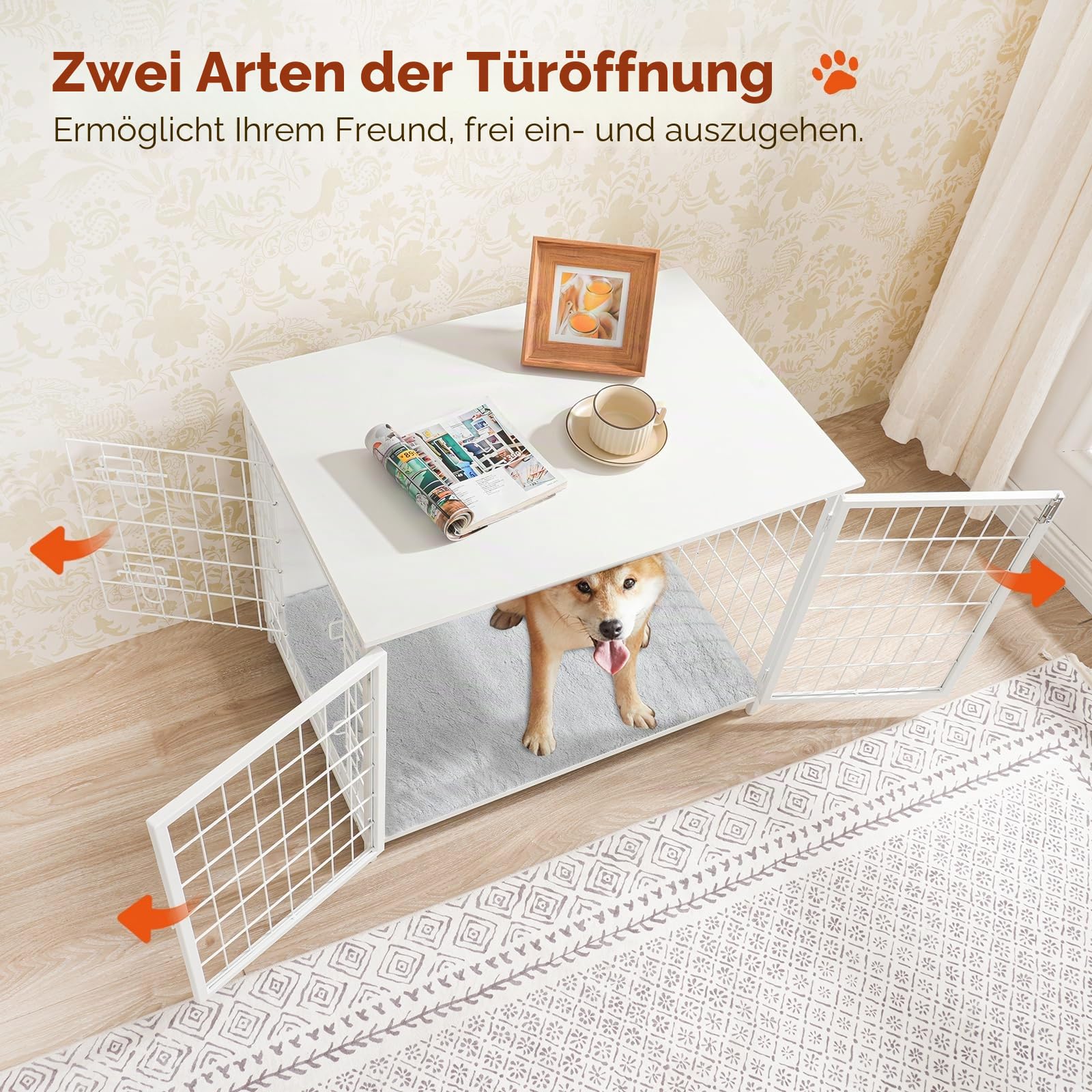 MAHANCRIS Hundekäfig Möbel, 80 cm Hundebox mit Kissen, 2 Tür, Doppeltür, Holzwerkstoff, für Kleine/Mittelgroße/Große Hunde, 80 x 55 x 65 cm, Hundekäfig für Zuhause, Weiß ADCBW0701