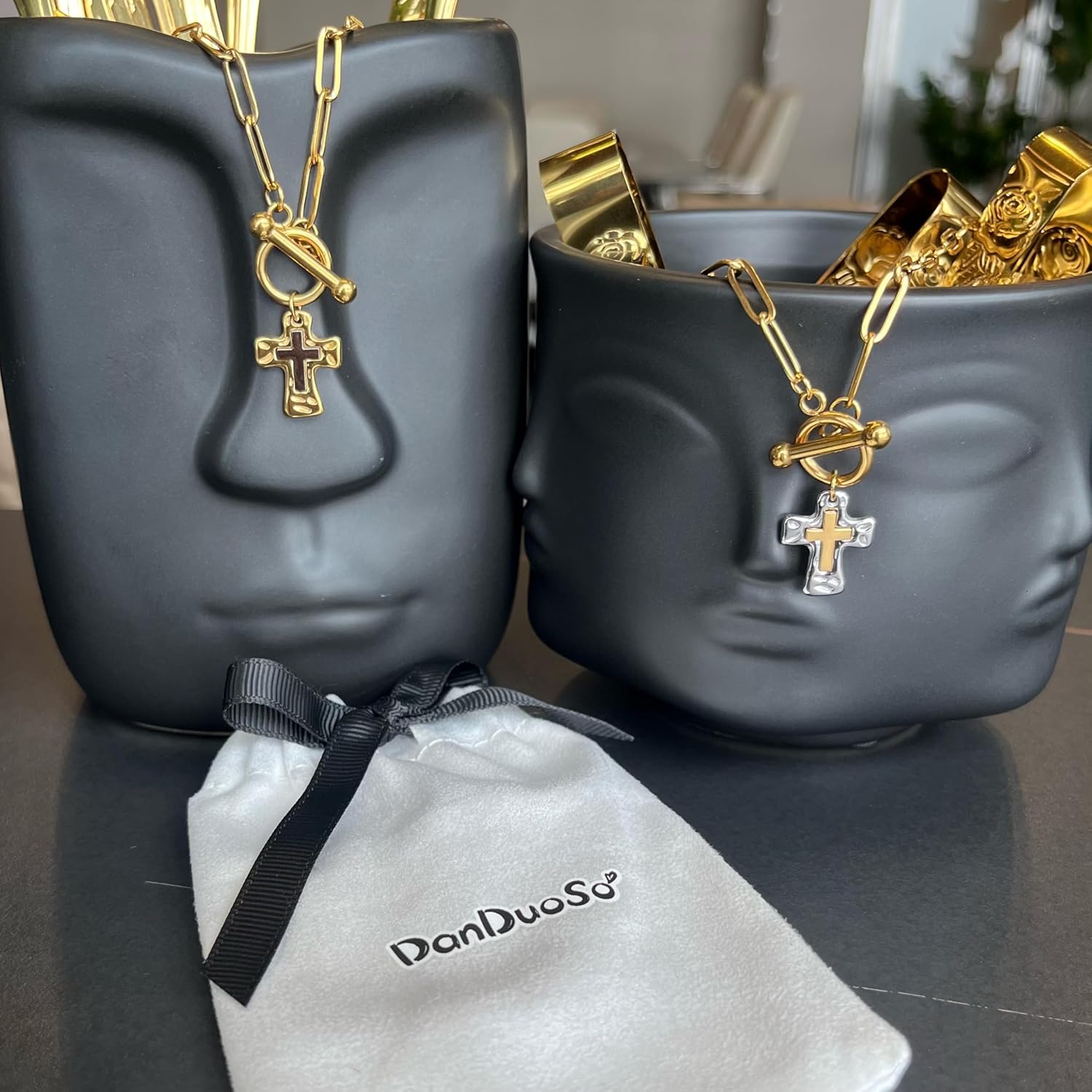 Chunky Cross Necklace for Women Two-Tone Hammered Cross Pendant Necklace Elegant Jewelry for Women 14k Gold or Silver Plated A Faith-Inspired Statement Piece for Religious Christian Jewelry 19.68 inch Paperclip Chain - Image 7