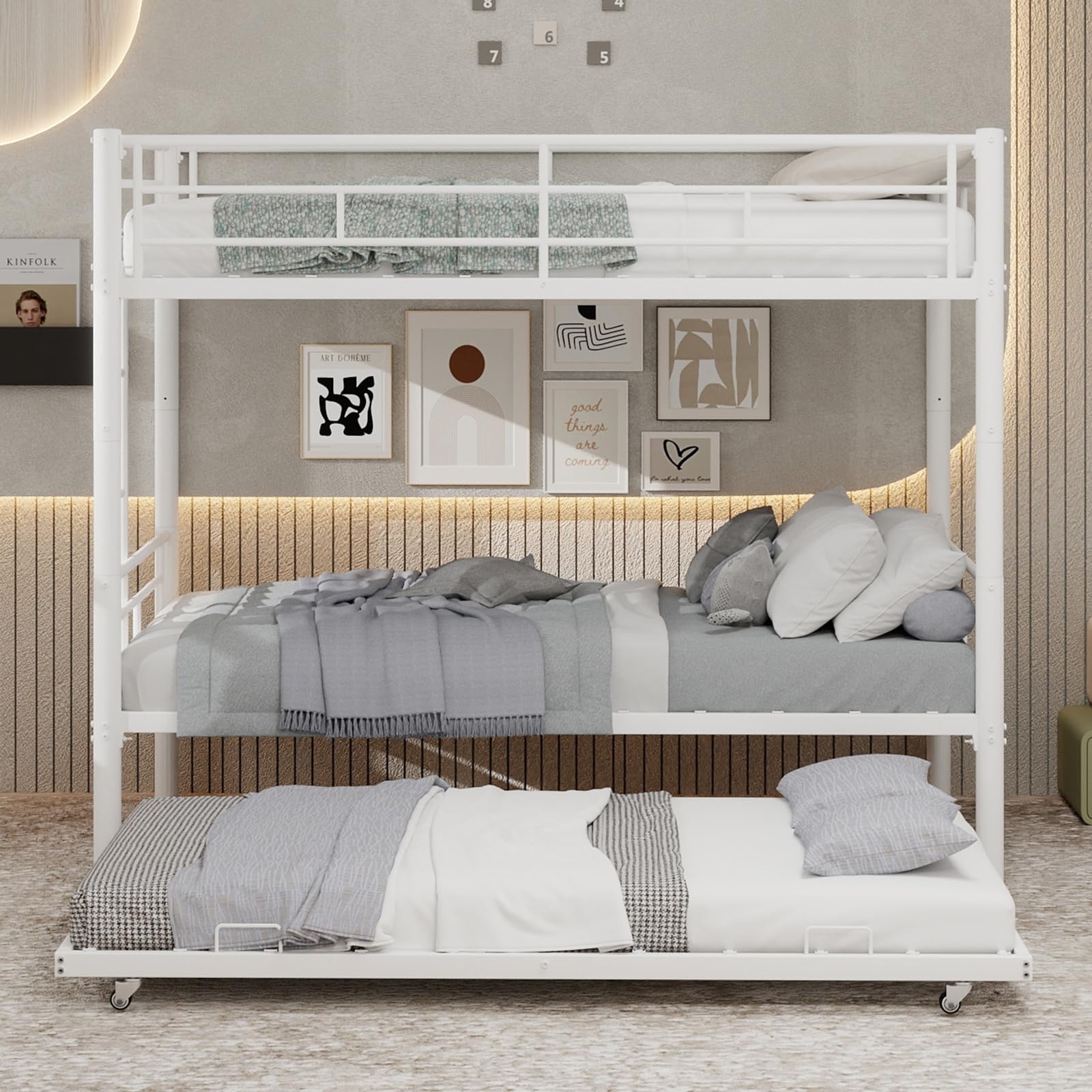 OKMYHOME Litera Convertible 90 x 190 cm – Cama infantil con escalera y guardaespaldas silenciosos, hierro – Sin colchón – Blanco