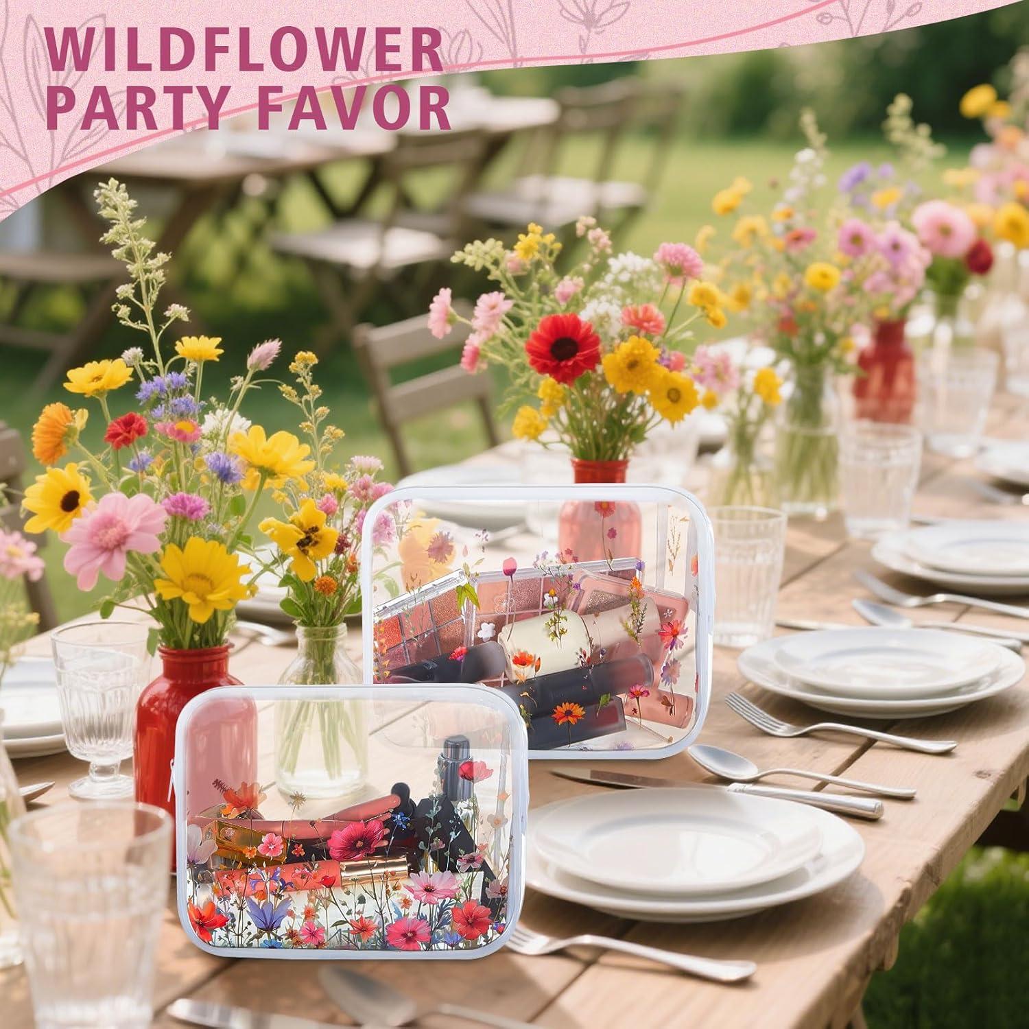 Sanwuta 12 Pcs Wildflower Makeup Bags Clear Cute Flower Gift Bag Portable Cosmetic Pencil Pouch with Zipper Small Floral Toiletry Organizer Wedding Party Favors for Women Travel Birthday Party Decor