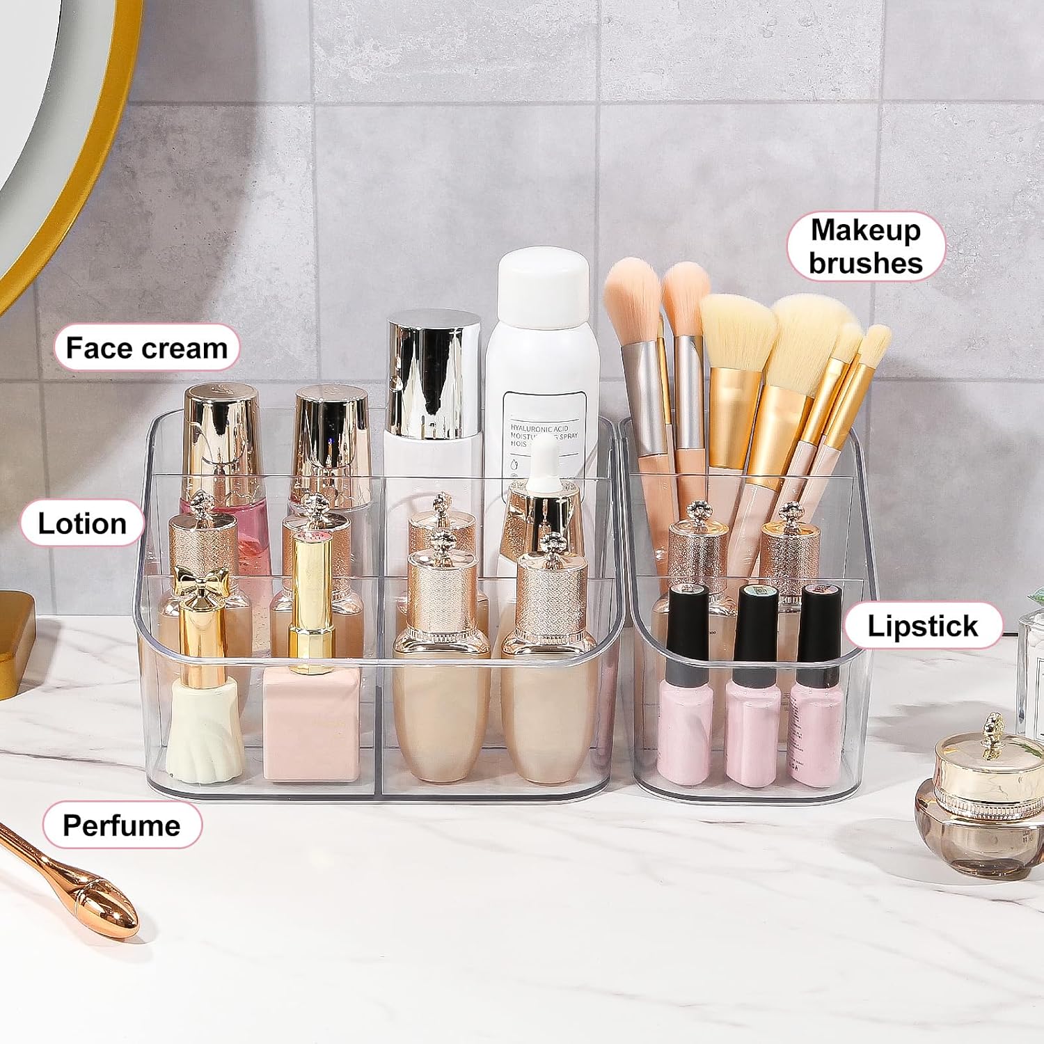 DASITON 5 Slots Makeup Brush Holder, Acrylic Make Up Brush Holder Organizer for Vanity, Bathroom Countertop, Small Makeup Organizer Brush Cup Cosmetic Brushes Storage, Pen Holder for Desk (Clear L)