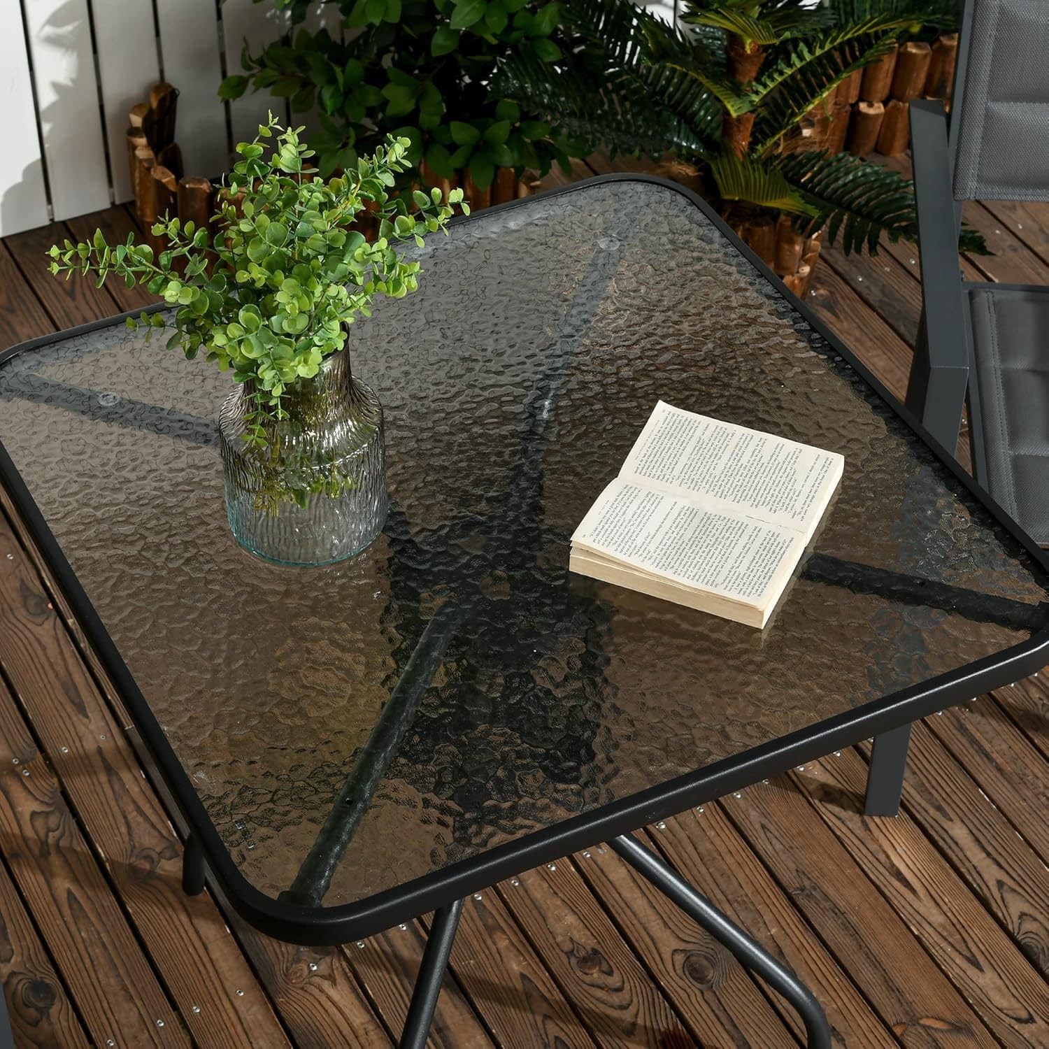 Tavolo Quadrato 60x60 cm Giardino Balcone Vetro Temperato 4 mm Acciaio Nero Interno Esterno