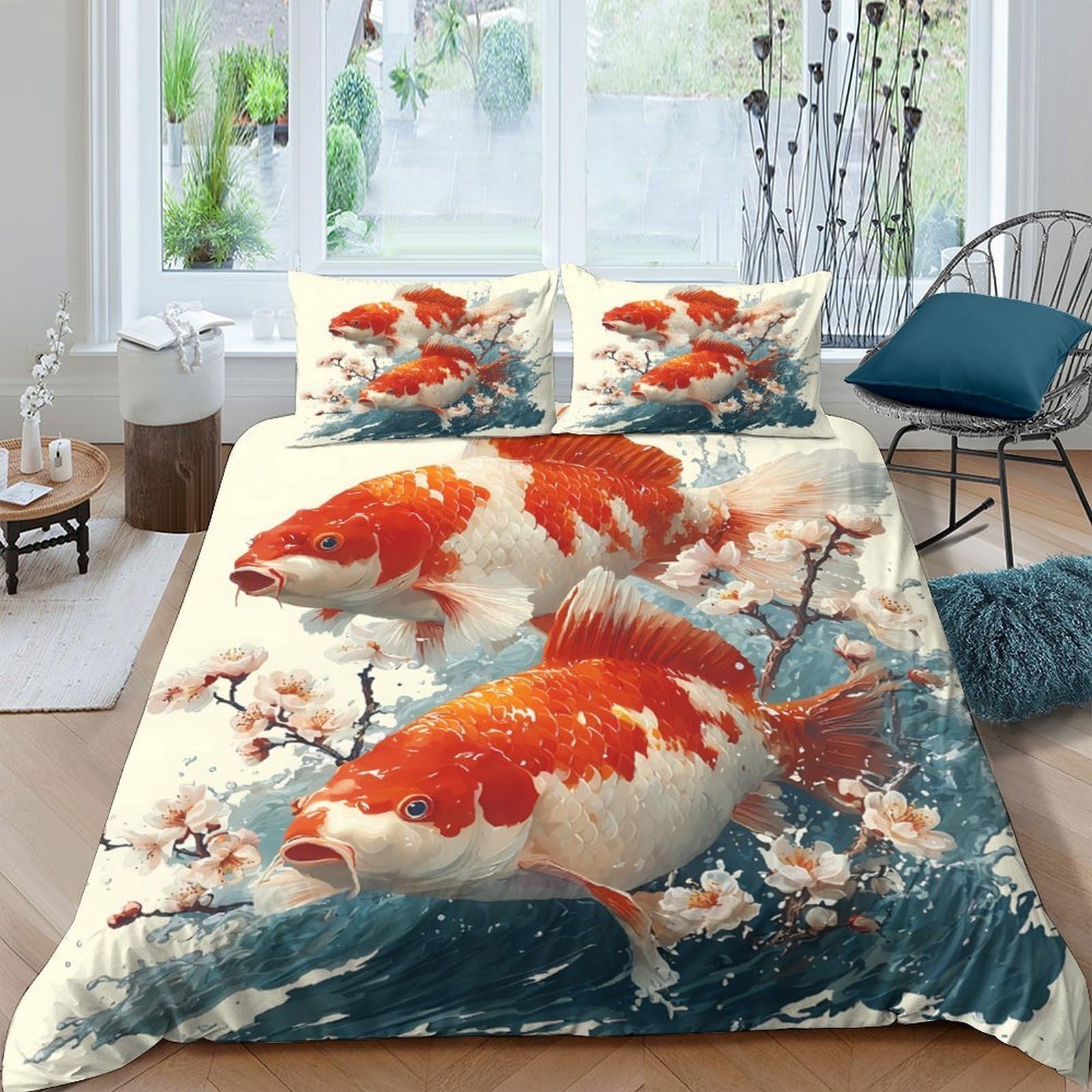 Ctjqhvkz Style-9 3D Printed Koi Fish Fitted Sheet Microfiber Soft Breathable Blossom Bed Cover For Bedroom Guest Room Decor Single（135X200cm）