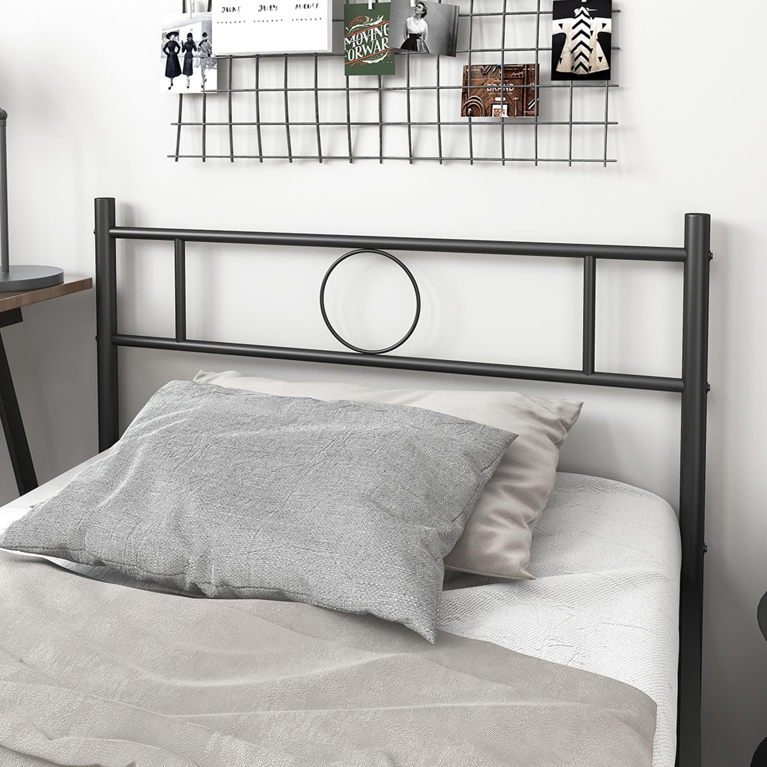 Close-up of the Homy Casa bed frame headboard with a circular design element.