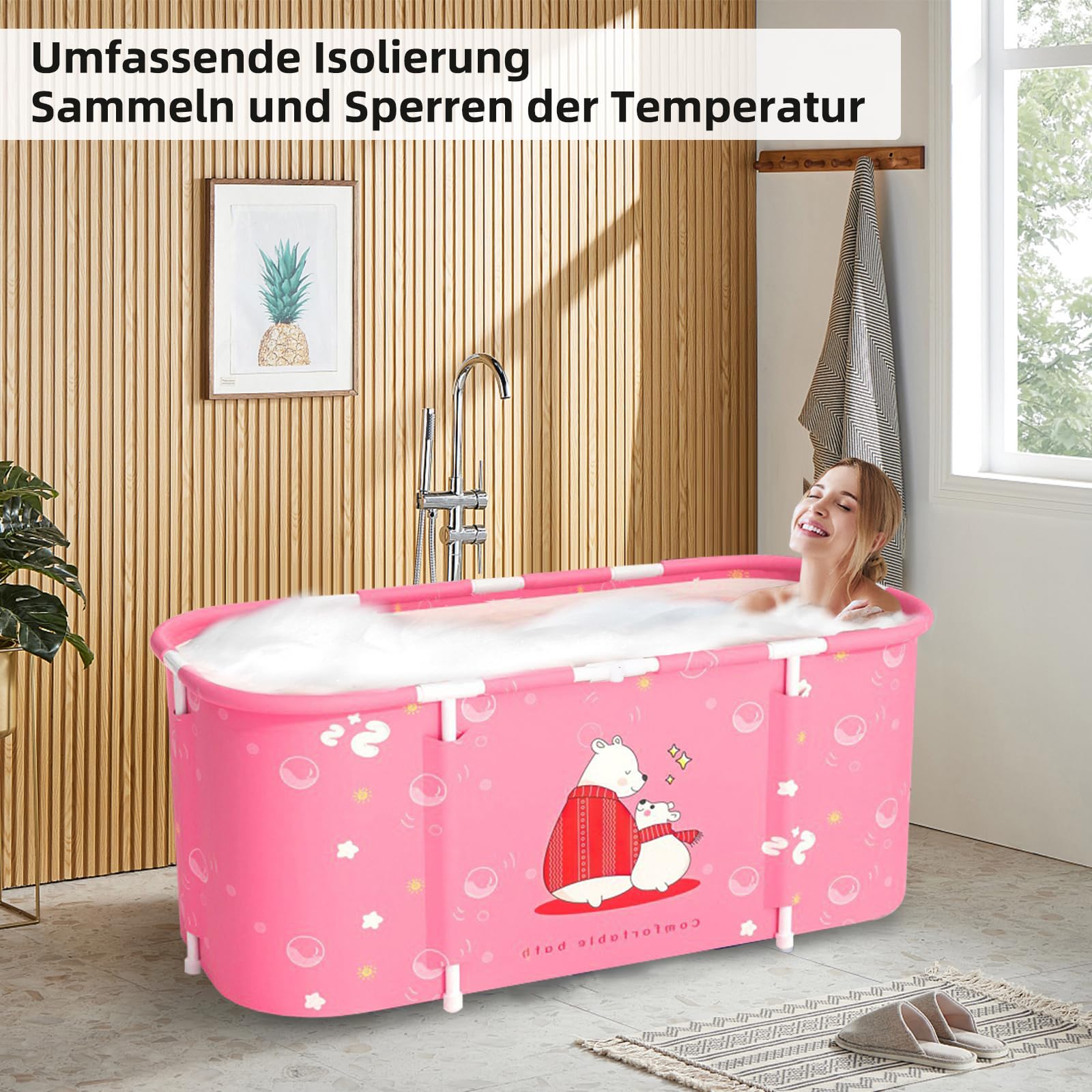 Badewanne Zusammenklappbare Badewanne Ideale Familienbadewanne Gartenpool für Kinder Leicht zu montierender Toilettengurt Geeignet für Erwachsene und Kinder 115x60x50cm (LxBxH) (Rosa Bär)