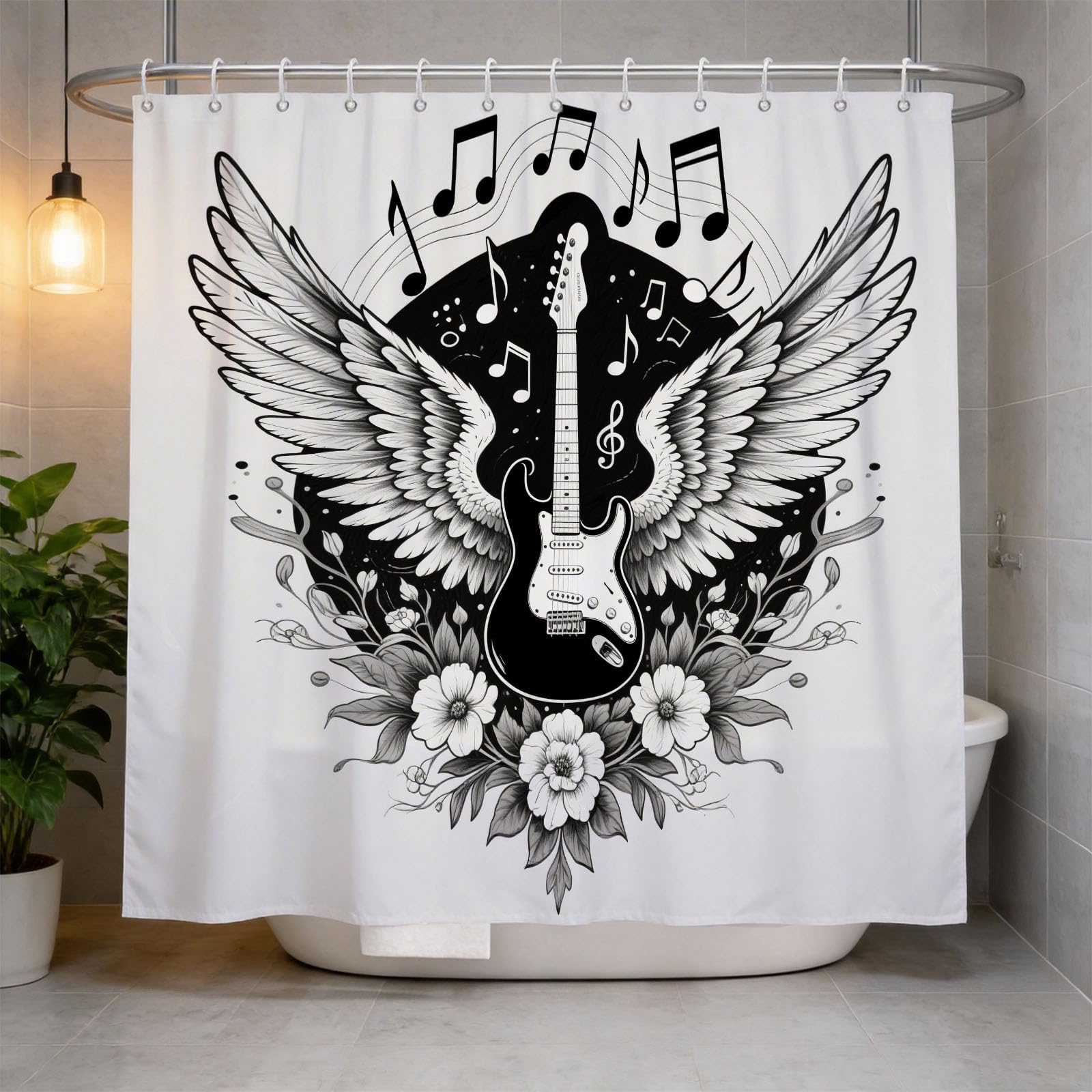 Hongduo 3D Guitar Shower Curtain for Stalls Bathtubs Musical Note Bathroom Decor Shower Curtain Set Polyester Fabric Waterproof 120x180cm/48X71 Inch with Hooks