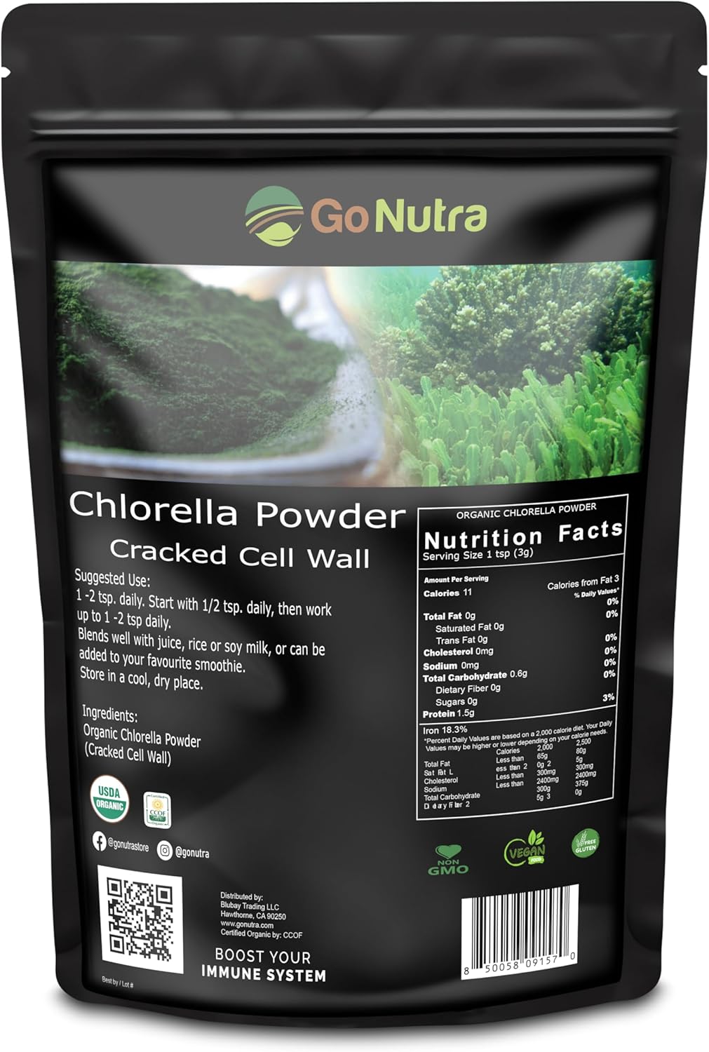 Go Nutra - Chlorella Powder, Pure Greens Powder with Vitamins, Minerals, and Antioxidants, All Natural Greens Superfood Powder, Chlorella Cracked Cell Green Powder, Non-GMO, Vegan, 16 oz