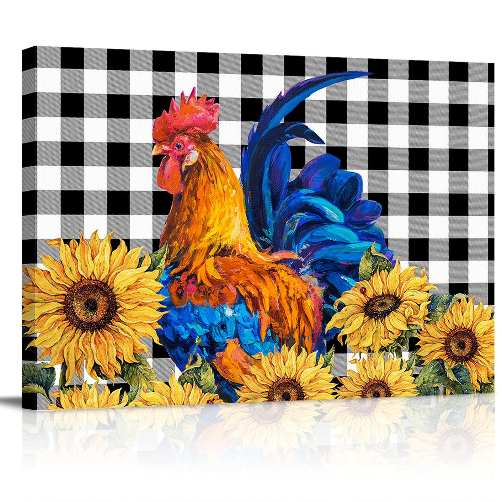 Sailground Canvas Wall Art Decor Cute Rooster with Fresh Sunflower Black Buffalo Check Plaid Artwork Canvas Prints for Living Room Bedroom Kitchen Office Stretched & Framed Ready to Hang (16" x 24")