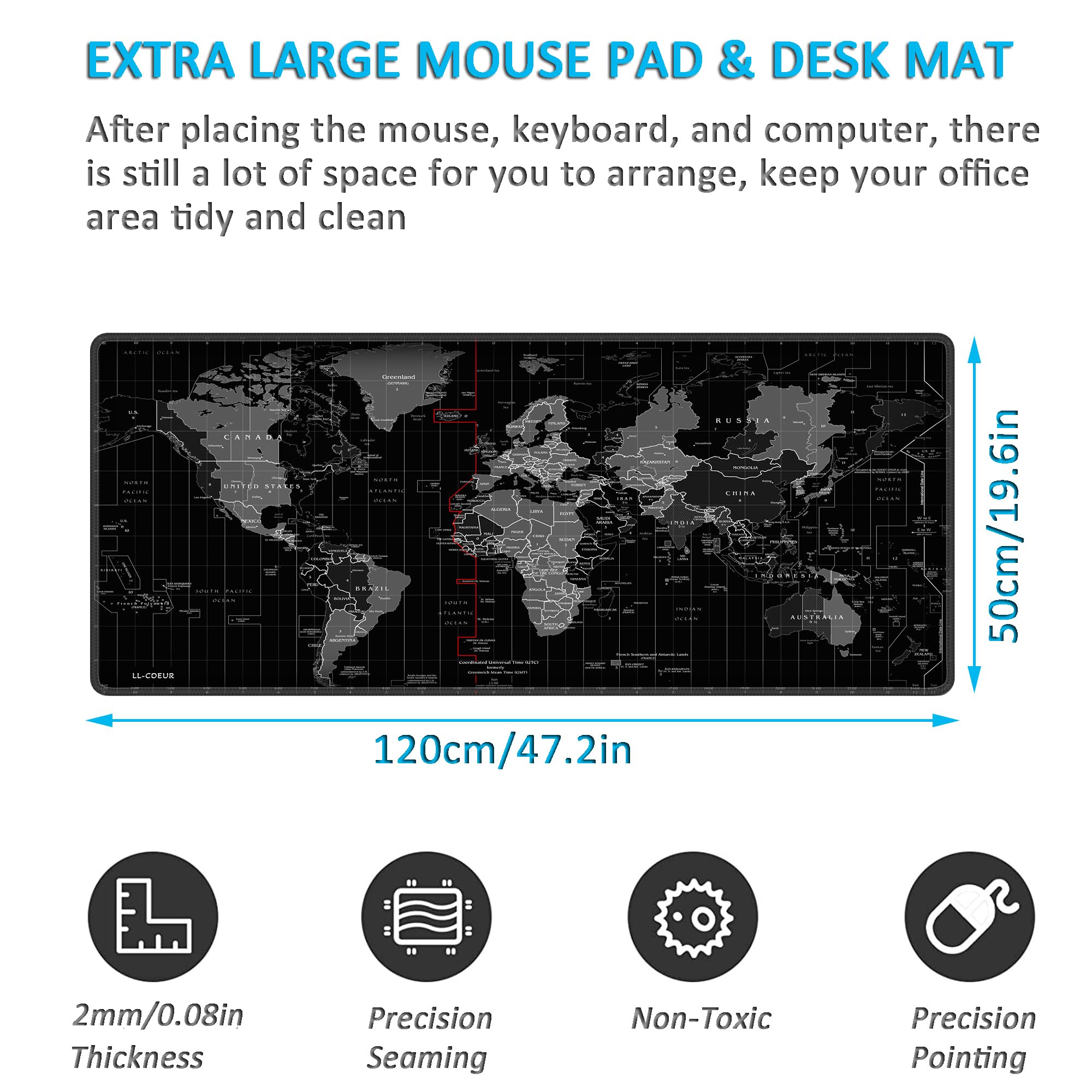 LL-COEUR XXL Gaming Alfombrilla de Ratón Computer Escritorio Mapa del Mundo Mouse Pad (1200 x 500 x 2 mm)