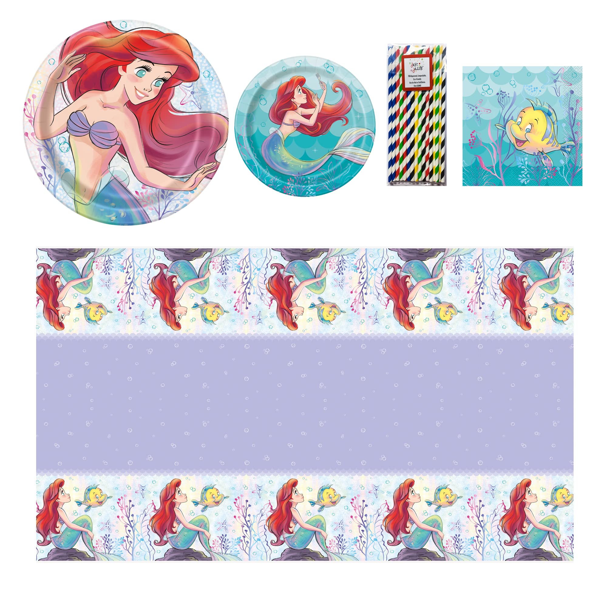 Just Jazzle Unique Disney Little Mermaid Birthday Party Tableware Kit Napkins, Plates, Tablecover Bundle, 16 Guests