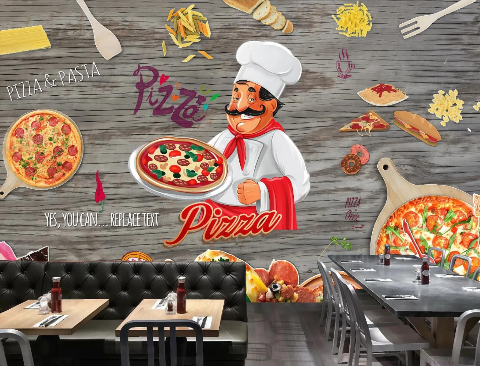Xdoubao 3D Wallpaper Retro Wood Grain Cartoon Hand-Painted Delicious Pizza Shop Theme Coffee Shop Background Mural Western Restaurant Wallpaper,,150X105cm
