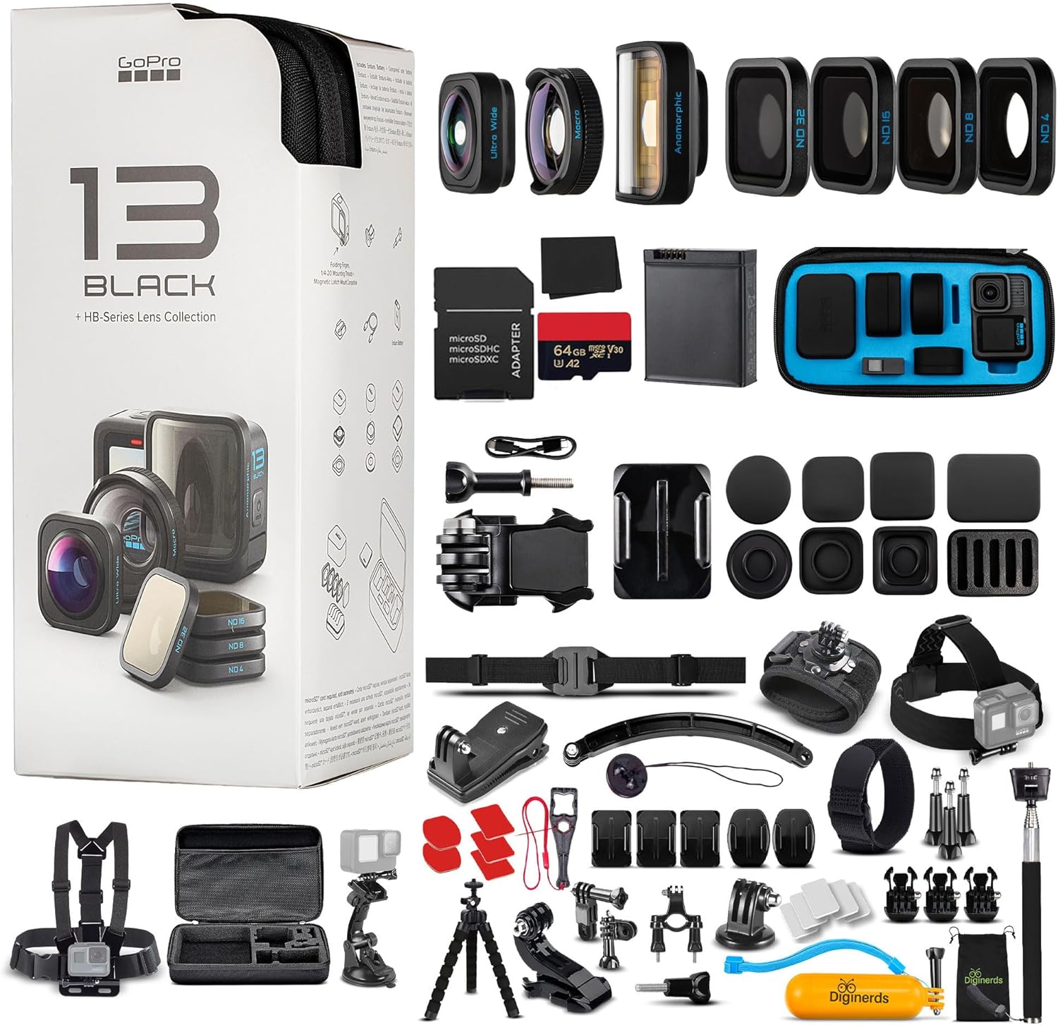 GoPro HERO13 (Hero 13) with HB-Series Lens Collection – Waterproof Action Camera with 5.3K HDR Video, 27MP Photos, 1/1.9″ Image Sensor, Live Streaming, Webcam + 64GB Card & 50 Piece Accessory Kit