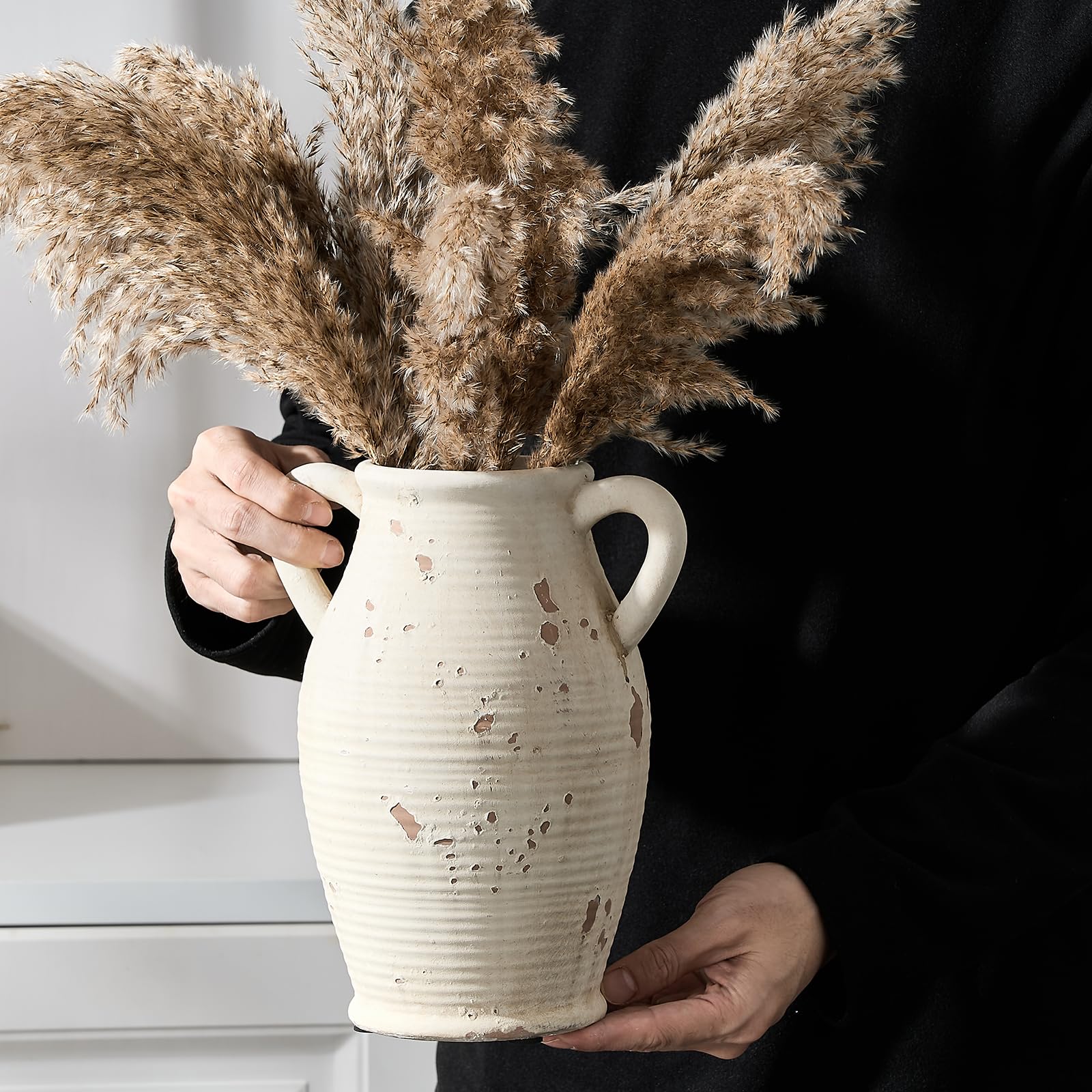 Amazon.co.jp: Vaseking 大きなセラミック素朴な花瓶、2つのハンドル