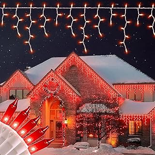 23FT 200Count Red Icicle Lights,White Wire Icicle Mini Lights Plug in with 40 Drops,Hanging Curtain Fairy String Lights Connectable for Christmas Valentine's Day Halloween Party Decorations