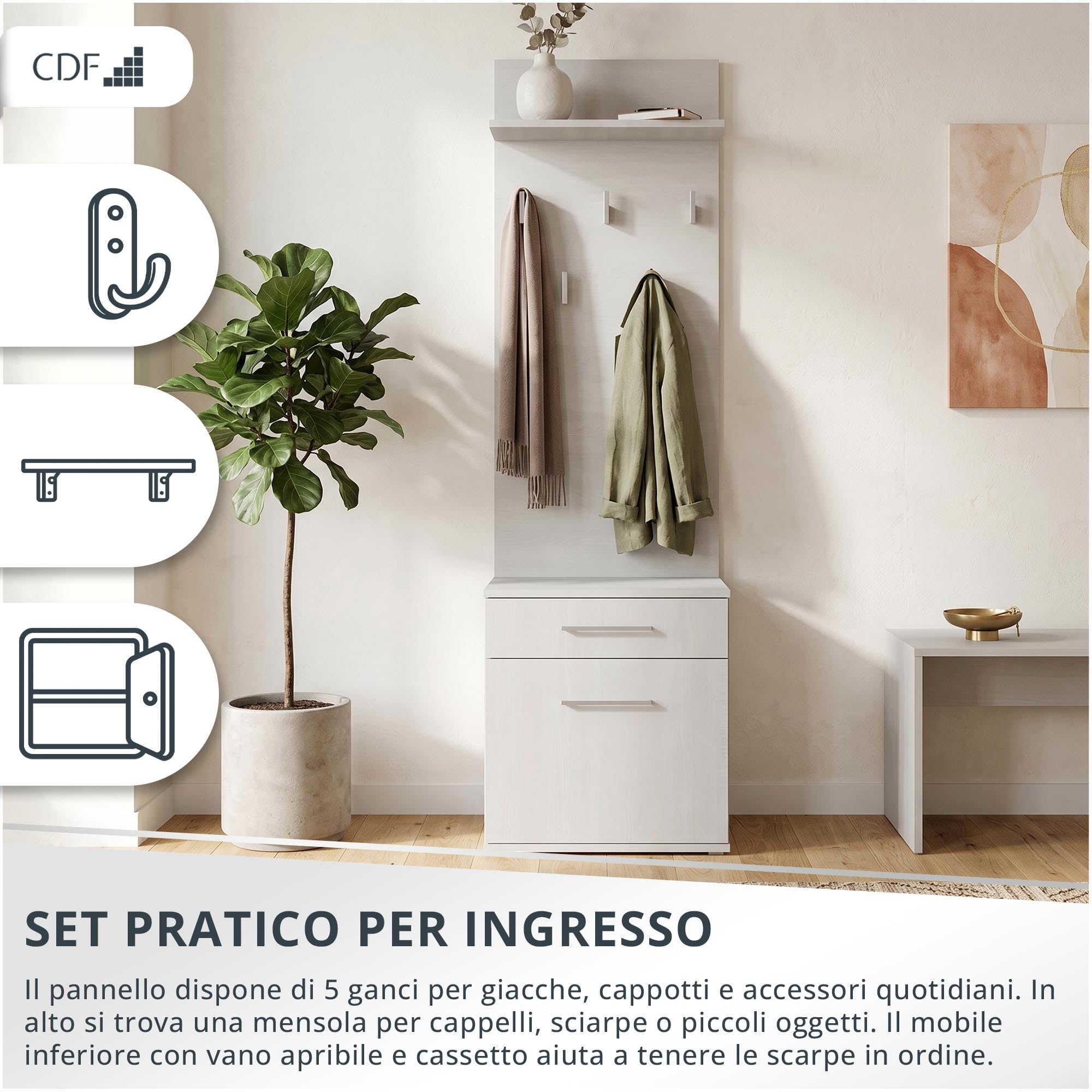 CDF Appendiabiti Ingresso con Panca Scarpier Set Appendiabiti da Corridoio Set di Mobili con Portascarpe Ganci per Entrata Armadietti per Corridoio Moderno Set Salvaspazio Bianco