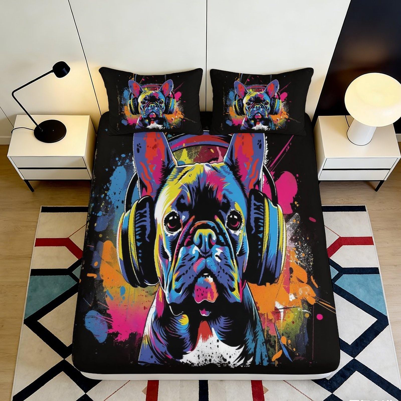 3D Printed Graffiti Bulldog Fitted Sheet Microfiber Deep Pocket Bedroom Bedding Graffiti Mattress Fitted Cover Washable Non-Slip for Adults Teen 160x200x25cm
