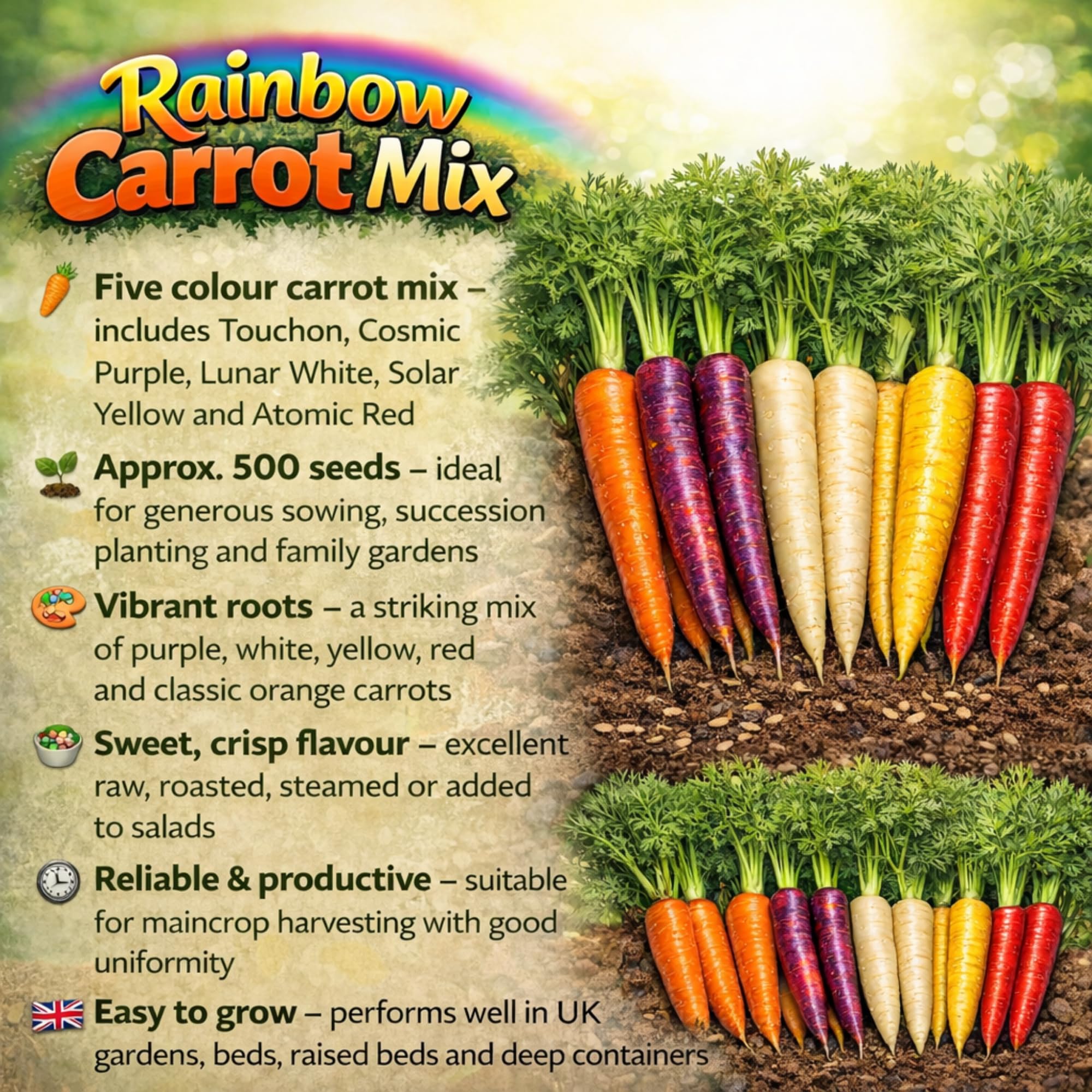 Carrot Rainbow Mix Seeds | Five Colour Carrot Varieties | Purple, White, Yellow, Red & Orange | Sweet Crunchy Roots - 500 Fresh Seeds - 2