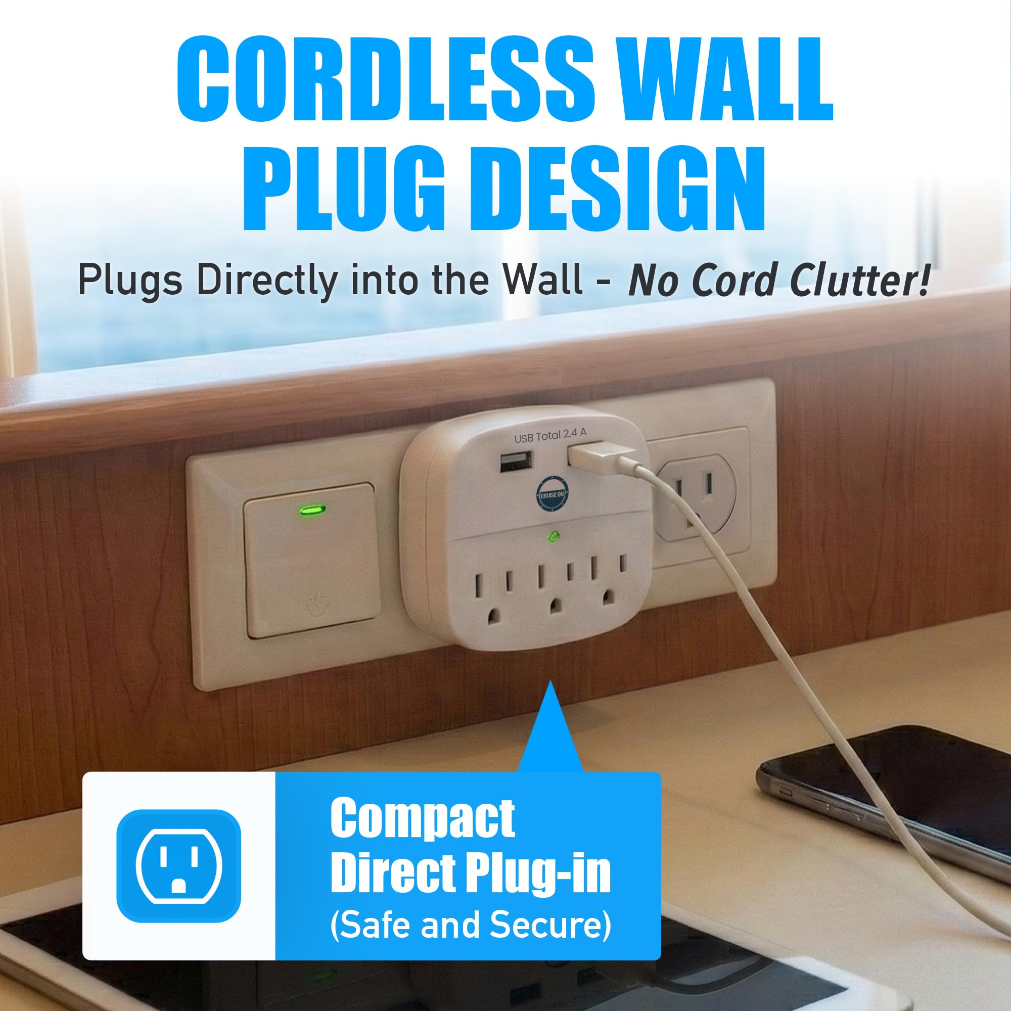 Cruise On Non Surge Cruise Approved Power Strip, Essentials [2 USB, 3 AC] — Amazon image 3