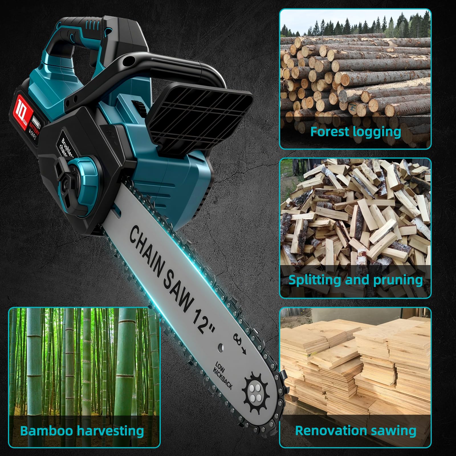 WingFly Motosierra Eléctrica 12 pulgadas con Batería de 6000 mAh, 1200 W | Brushless Motosierra de Mano, Engrasador automático, Sierra de podar eléctrica para cortar madera, árboles, Jardinería