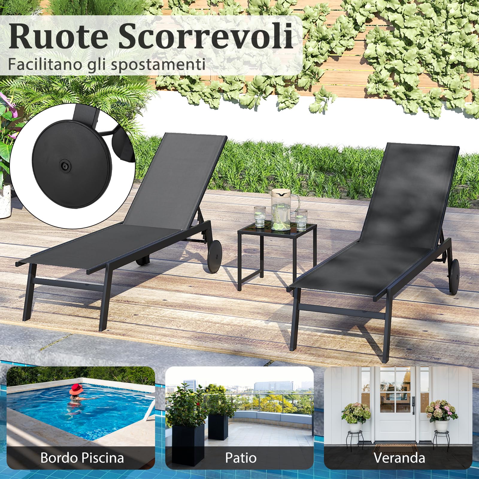COSTWAY Lettino Prendisole da Giardino con Tavolino, Schienale Rgolabile 5 Livelli, 2 Ruoti, Sdraio da Patio in Tessuto Traspirante, per Piscina Terazza, Portata 150+50 kg (Grigio)
