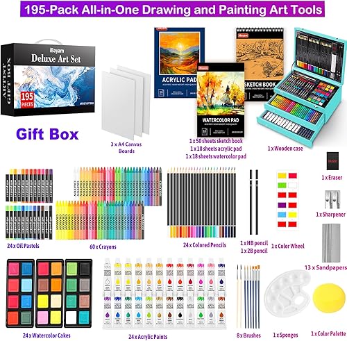 Miniatura 9 de iBayam Juego de arte de lujo, paquete de 195 cajas de regalo para artistas, kit de pintura de dibujo para artes y manualidades, suministros de arte