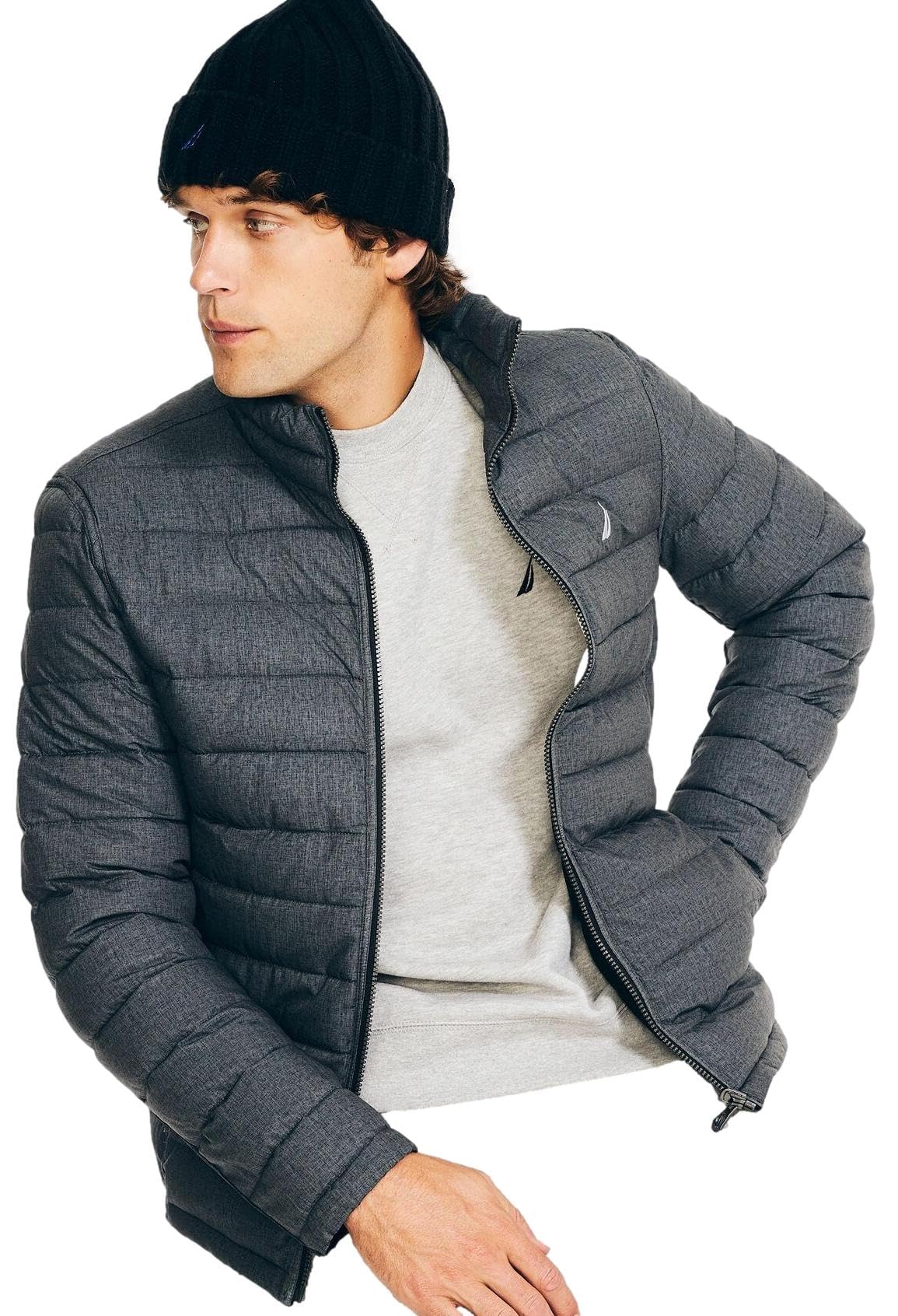 Nautica Men's Reversible Quilted Puffer Jacket –Midweight Mechanical Stretch Winter Coat, Grey/Black X White., XL