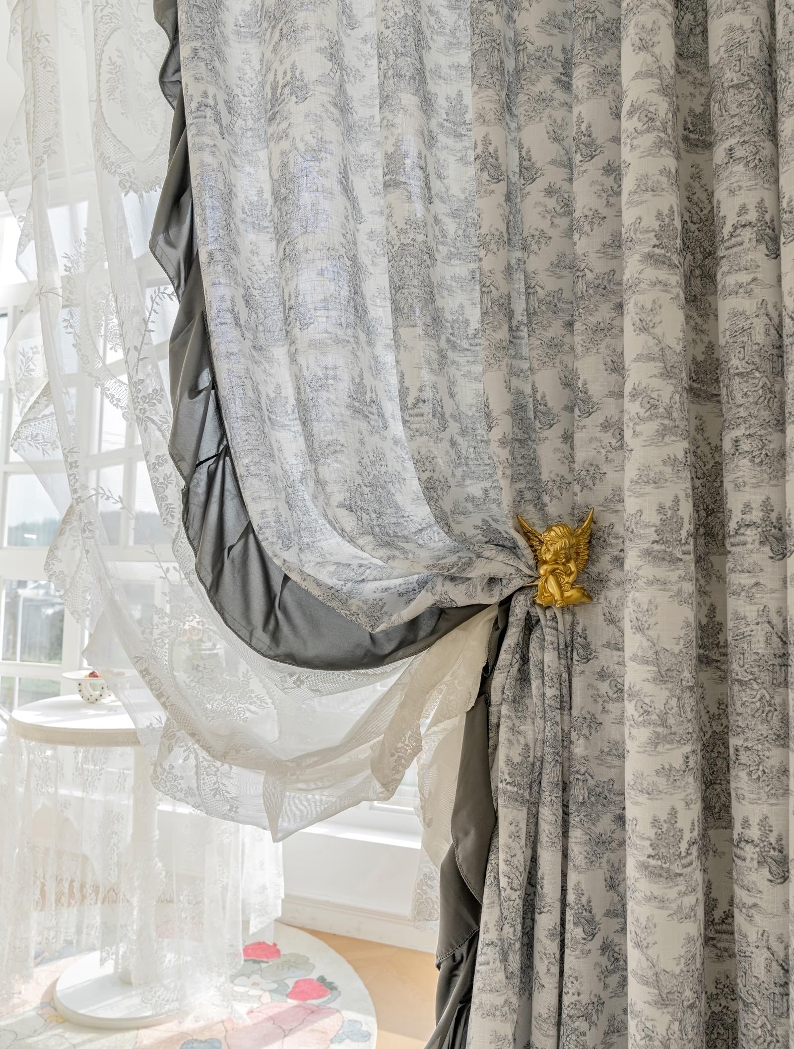 Epinki Voilage Rideaux Chambre Fleur Imprimé avec Volants Bleu Gris Coton Polyester 102x160cm Rideau à Oeillets, Lot de 2
