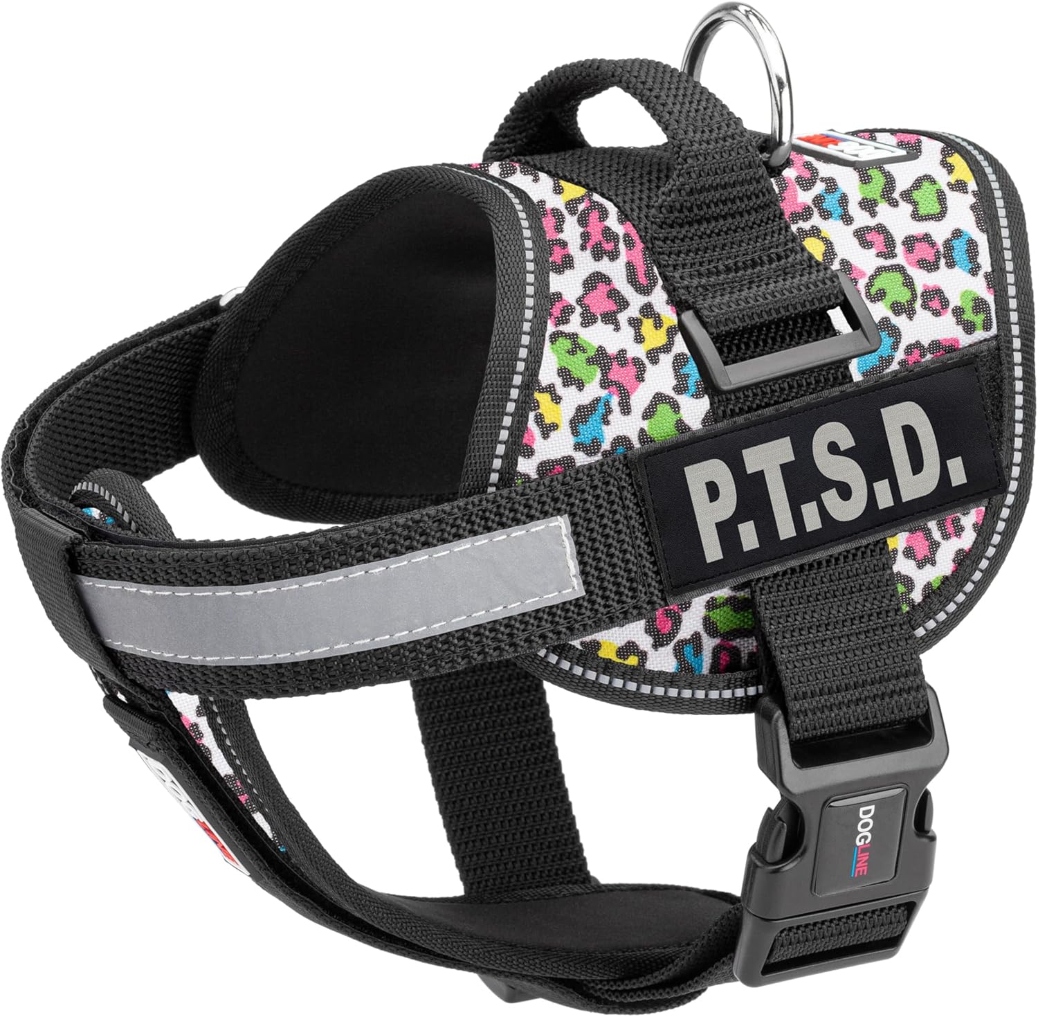 Dogline Unimax Dog Harness Vest with P.T.S.D. Patches Reflective No-Pull, Adjustable Straps, Breathable Neoprene for Medical, Service, Identification, Training Dogs Girth 18 to 25" Leopard Multicolor