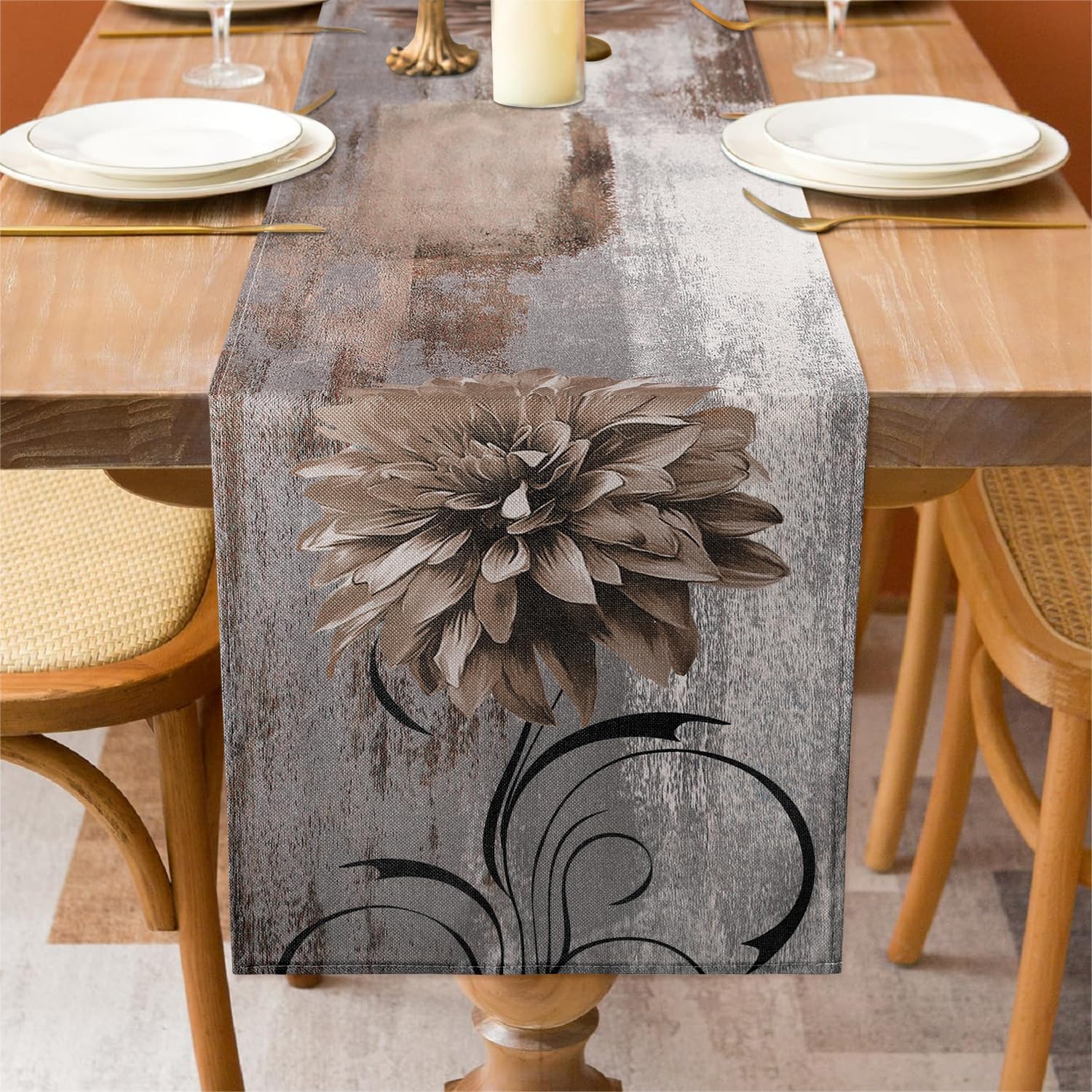 Chemin De Table Gris à Fleurs De Dahlia, Chemin De Table