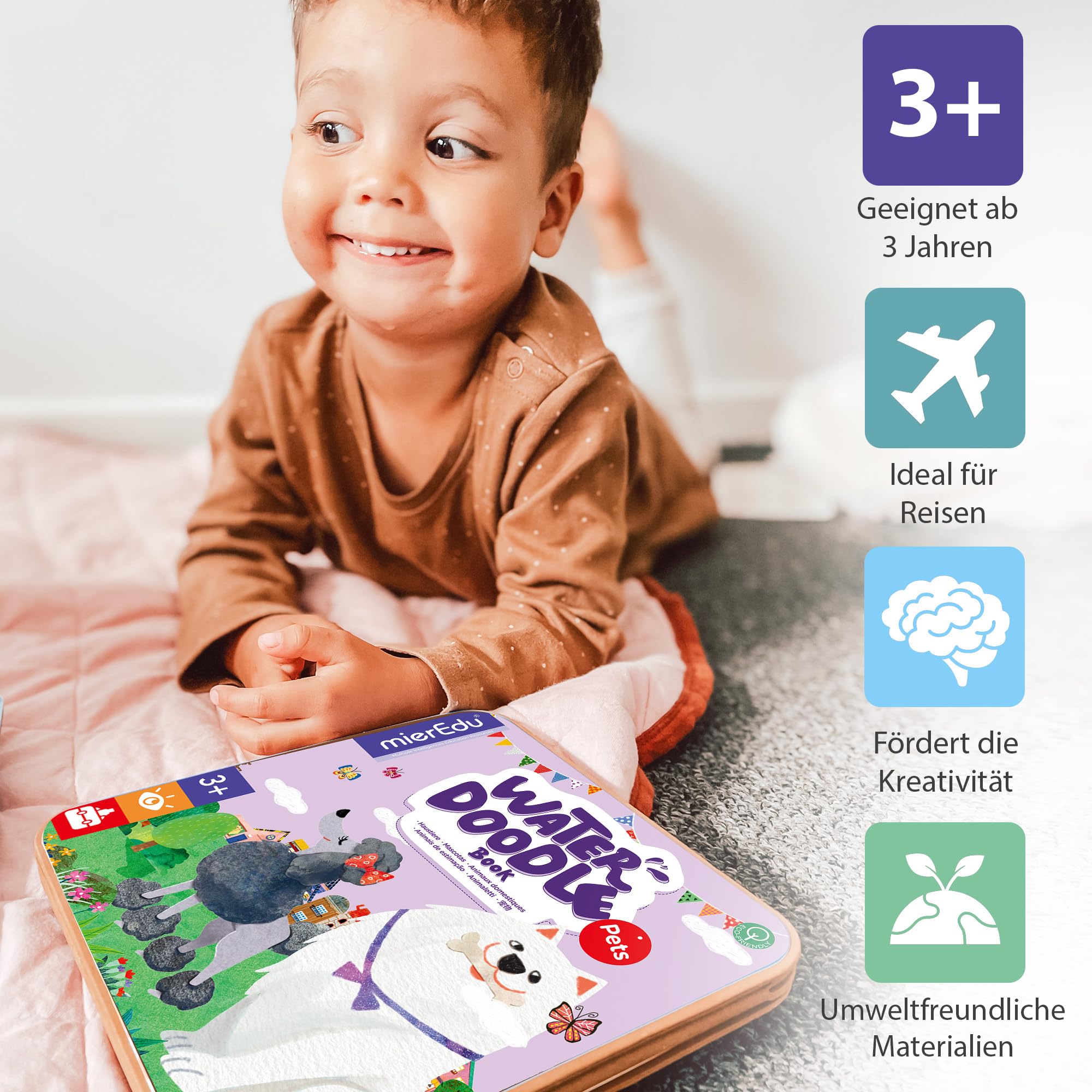 mierEdu Magic Water Colouring Book, Magic Colouring Book for Children from 3 Years with Water Pen, Pets Colouring Book - Image 3