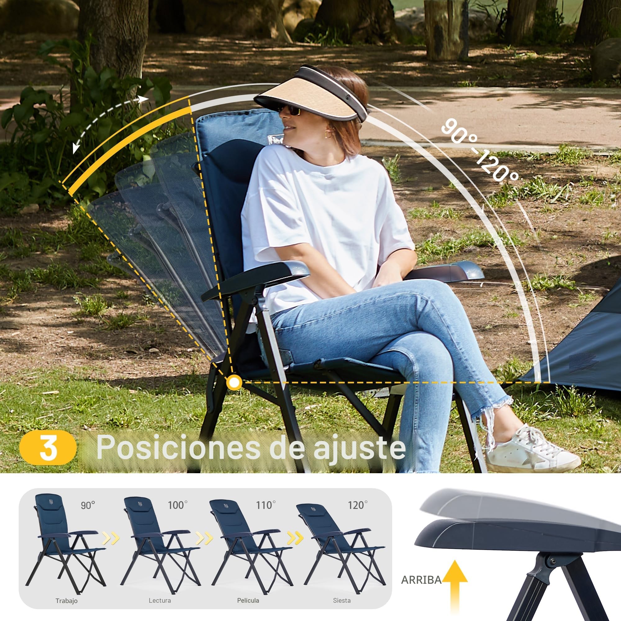 TIMBER RIDGE 2 sillas de camping plegables con respaldo alto, tamaño pequeño, 150 kg, con 4 posiciones ajustables, con bolsa, para jardín, balcón, caravana, azul
