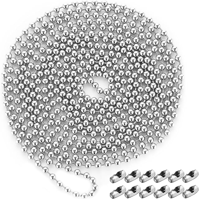 GloBosenPur 4.5mm Metal Beaded Roller Blind Chain Extension Cord, 9.8 Feet/3 Meter Beaded Pull Chain with 12 Matching Connectors