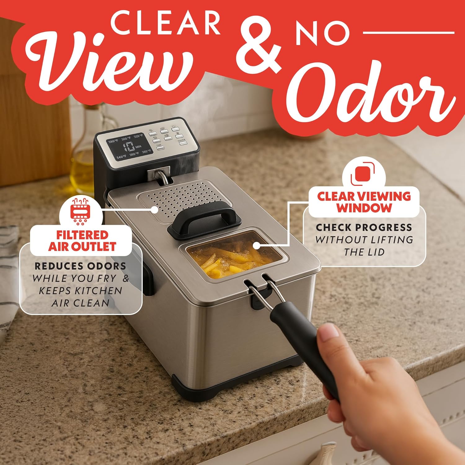 Gourmia 3.2 Qt Countertop Deep Fryer – Electric Oil Fryer with Digital Display, Adjustable 280°F–380°F Temperature Control, Viewing Window, Odor Filter Lid & Magnetic Safety Cord