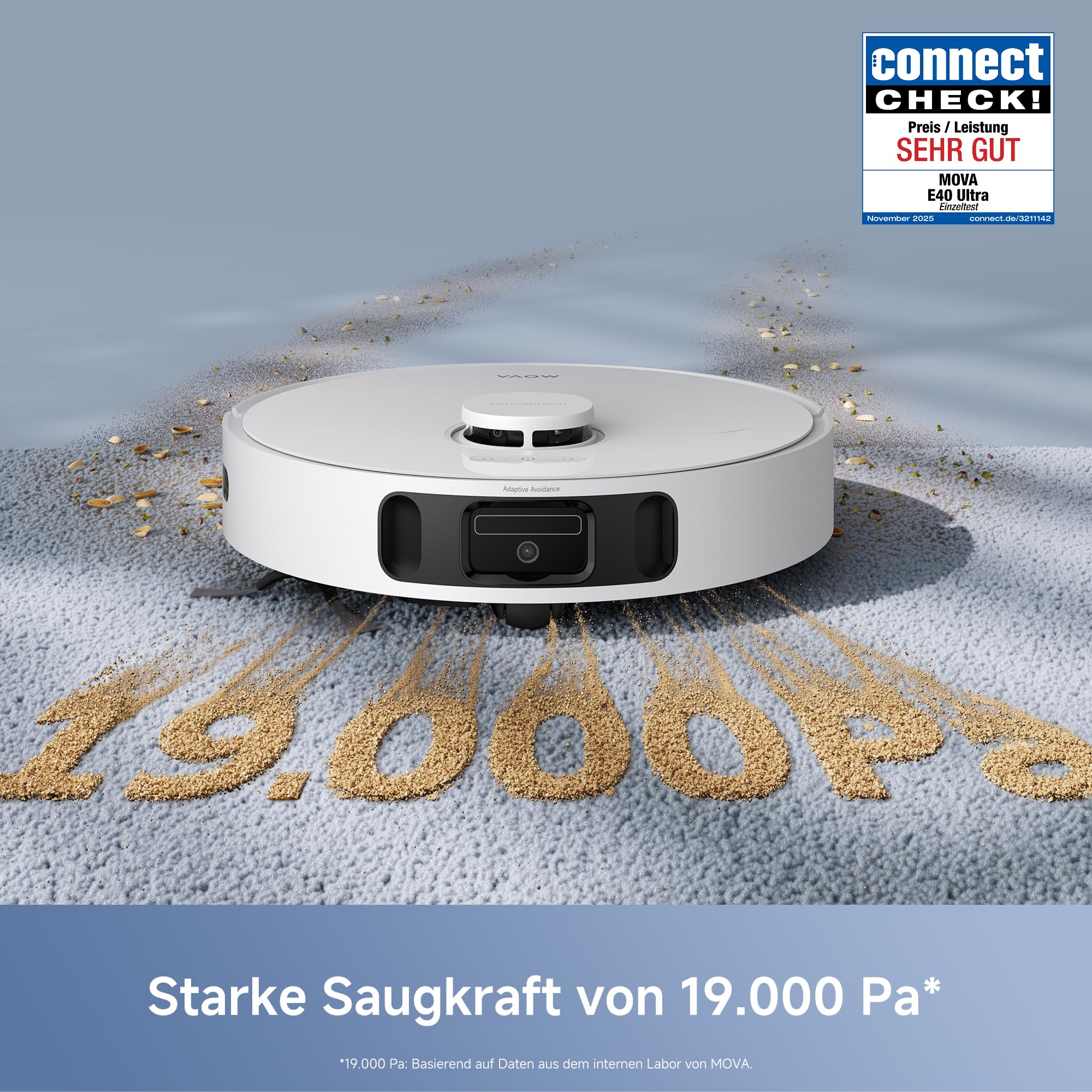 Mova E40 Ultra Saugroboter mit Wischfunktion, Autom. Leerung und 19.000 Pa, MaxiReach-Wischmopp-T., Verhedderungsfreie Seitenbürste, Eingeb. 80-ml-Wasserb, All-in-One-Station zu 75 Tage Reinigung
