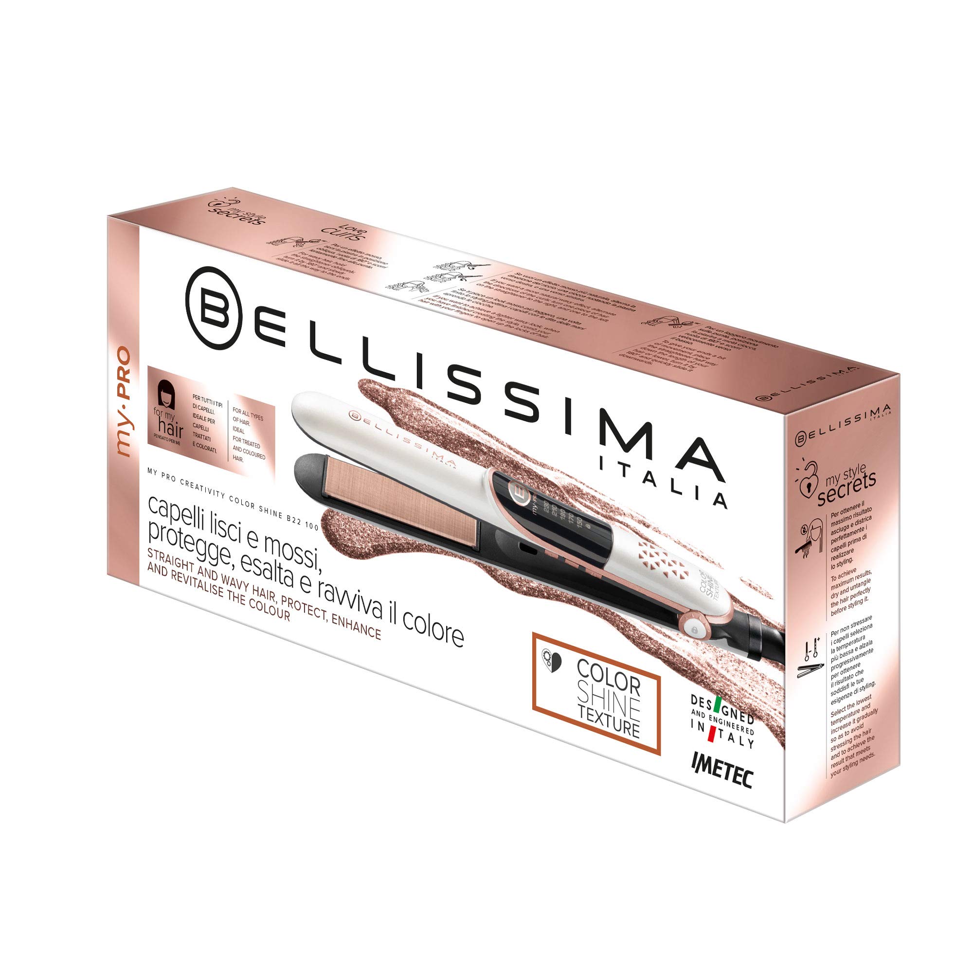 Bellissima Imetec My Pro Creativity Color Shine B22 100 Piastra per Capelli Colorati, Rivestimento in Tessuto per la Protezione dei Capelli, Temperatura Regolabile da 150°C a 230°C