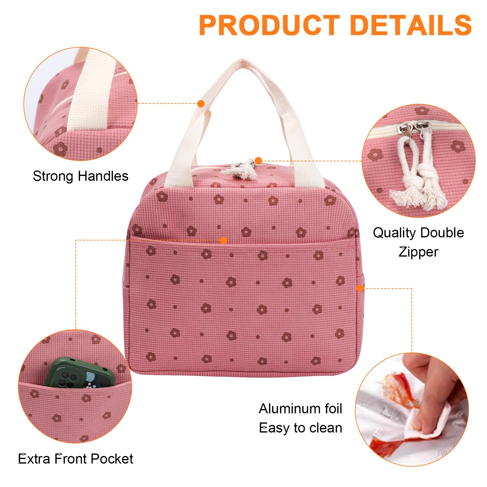 Risipu Insulated Lunch Bag for Women Kids Reusable Leakproof Children's Cooler Bag Lunch Box Bags for Girls Work School BBQ Picnic (Pink-Flower) - Image 3