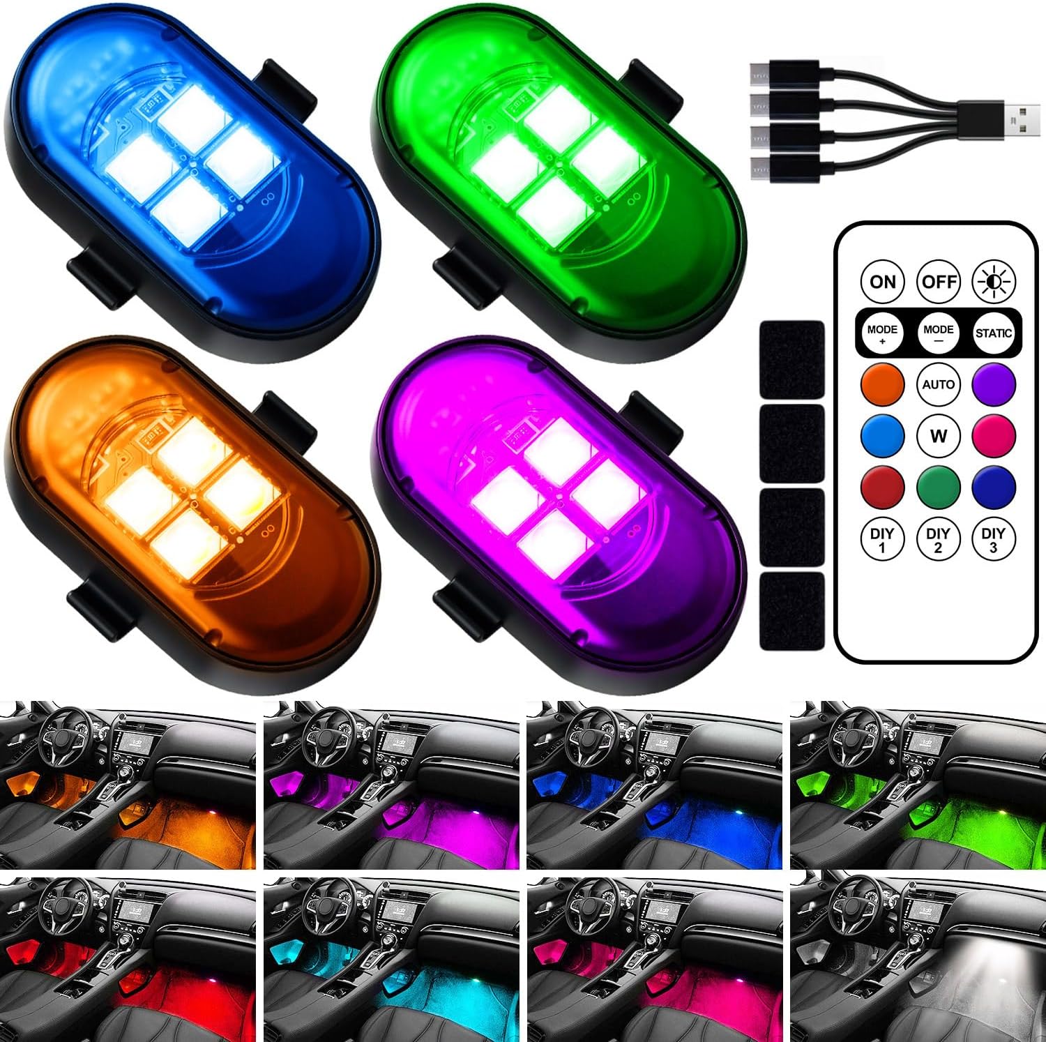 Upgraded Wireless LED Lights for Car, Rechargeable Interior Car Lights with 8 Colors Brightness Adjustable, 12H Battery Life, Remote Control, Mini Strobe Lights for Vehicle Motorcycle Bike Decor
