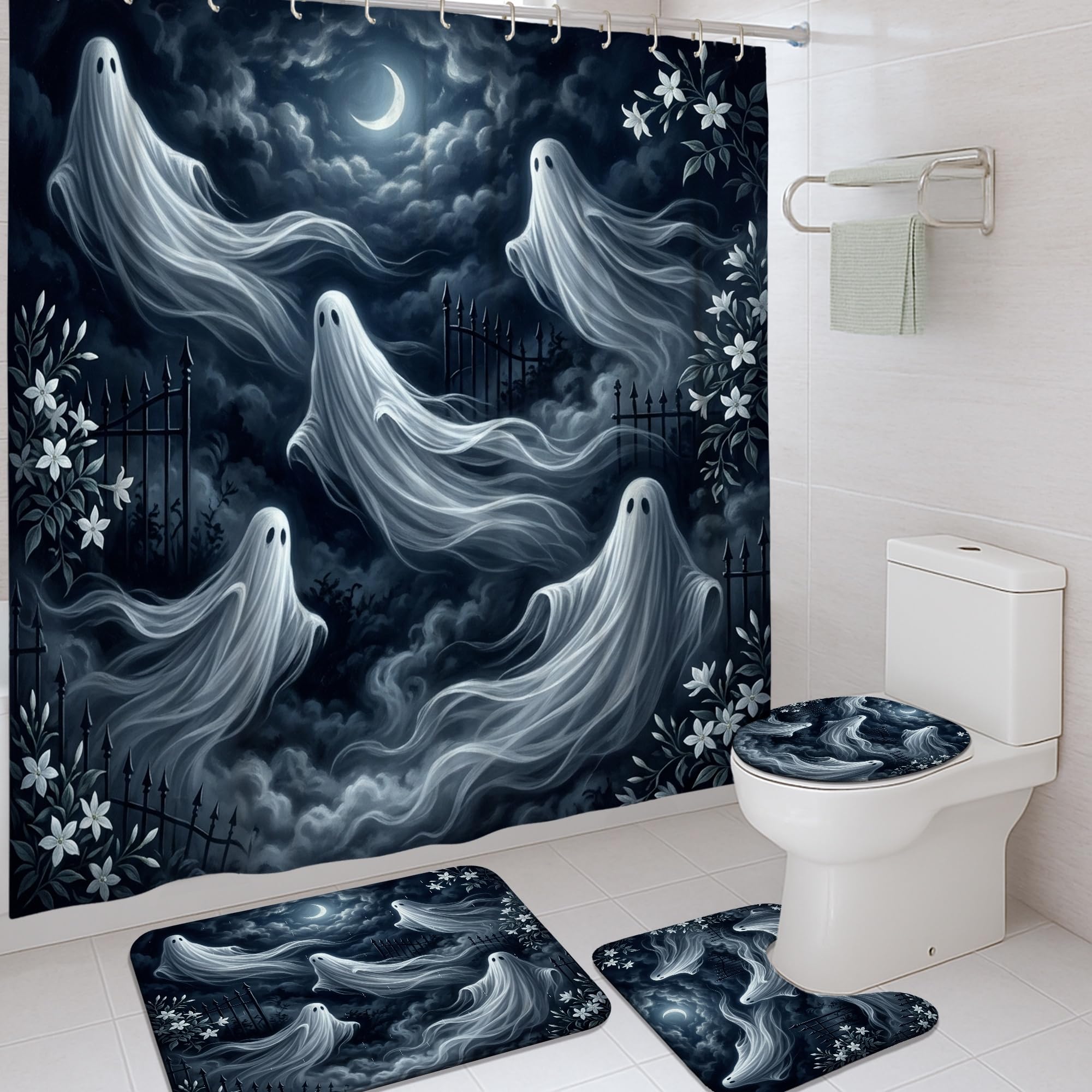 Rideau de douche fantômes Halloween en tissu imperméable avec tapis assorti