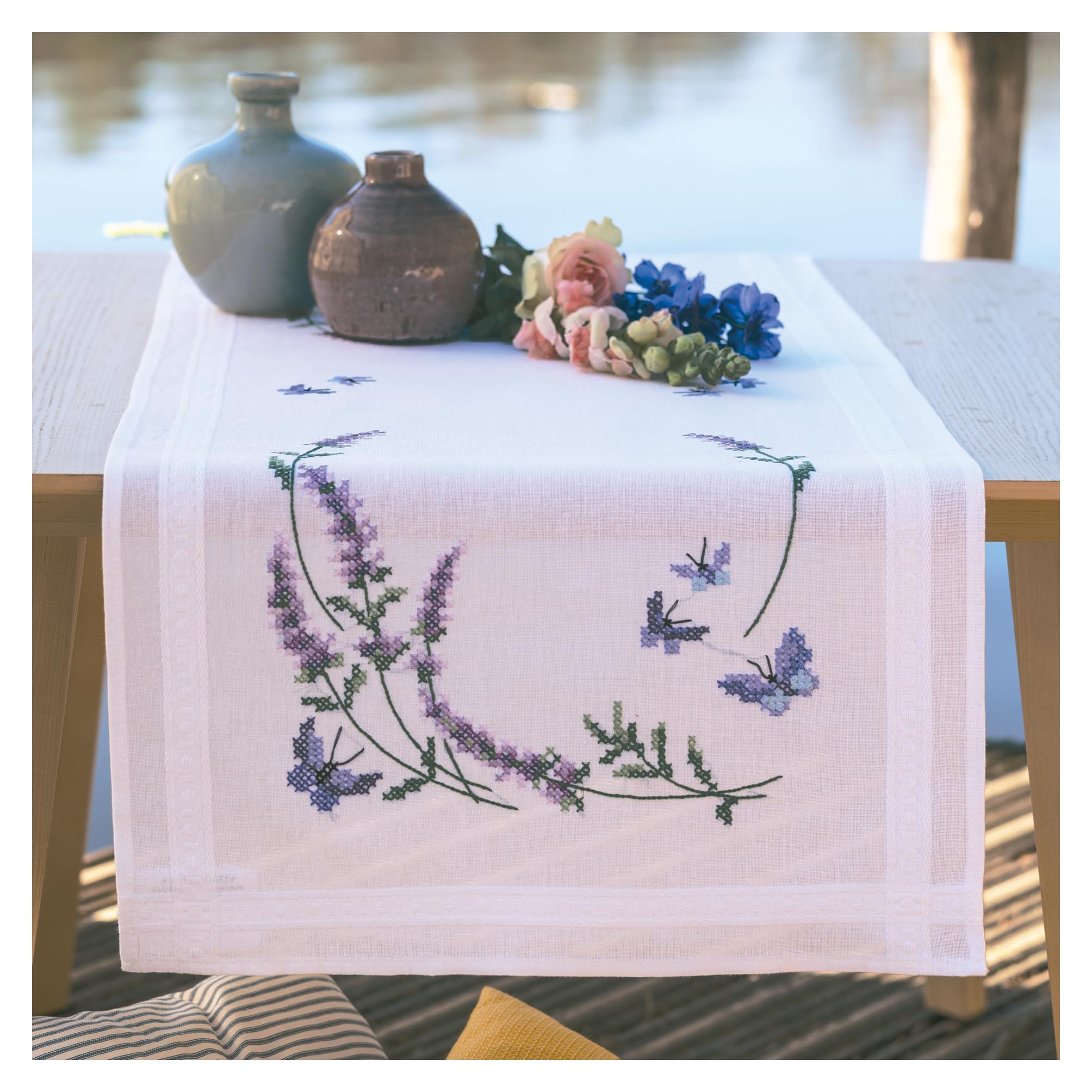 VERVACO Cross Stitch Kit Pre-Printed Table Runner Lavender and Butterflies Embroidery Blankets Pre-Drawn DIY Crafts Adults Creative Embroidery Runner for DIY Embroidery 40 x 100 cm Embroidery Set
