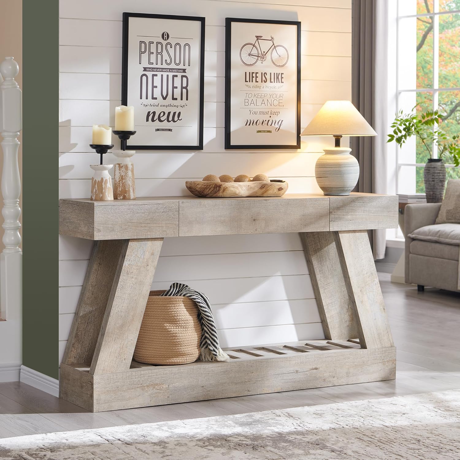 60" Farmhouse Entryway Table, Console Table with Drawer, Narrow Long Wood Sofa Table for Living Room, Wooden Hallway Foyer Table with Heavy Duty Base, Entry Table for Entrance(Light Rustic Oak)