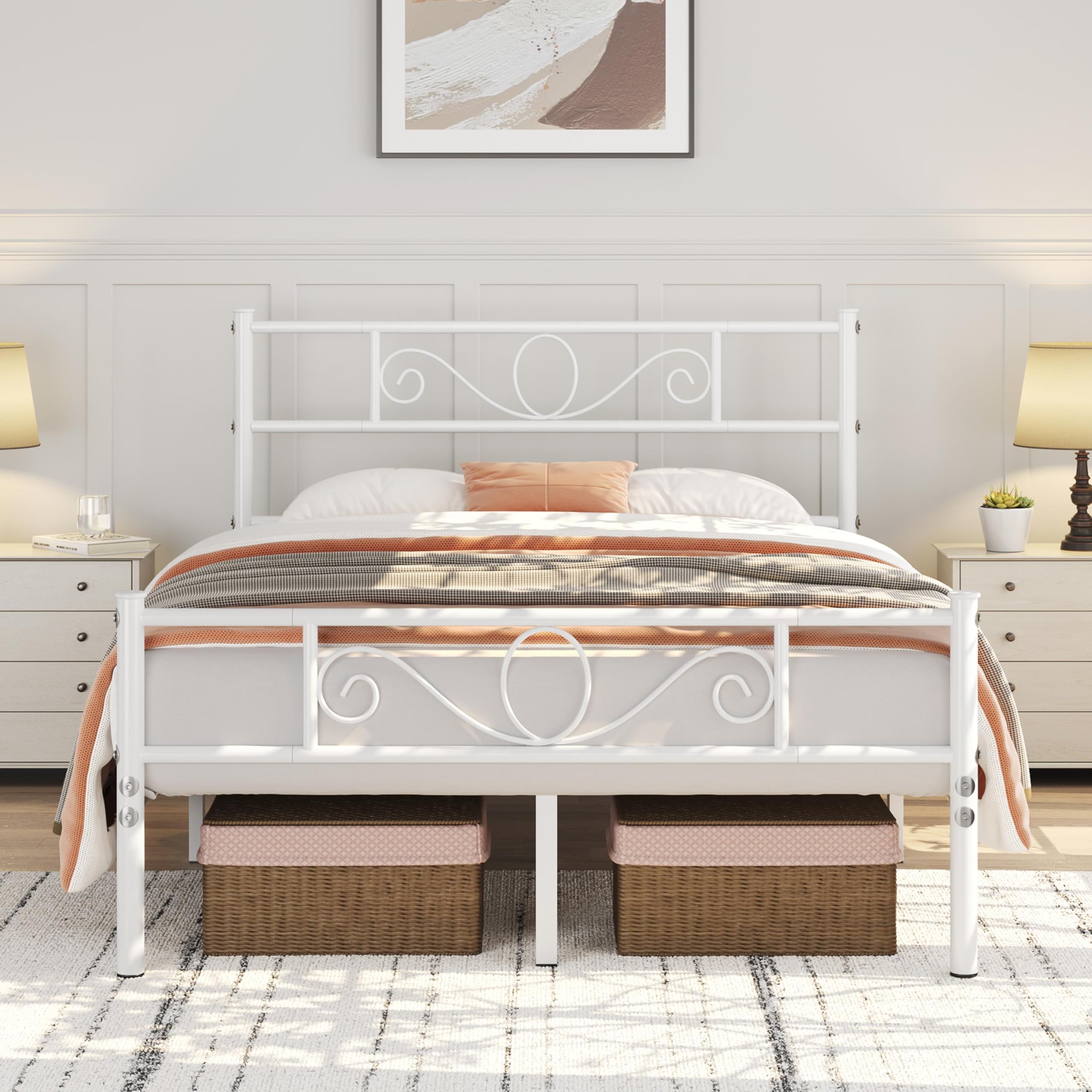 Yaheetech 4ft6 Double Metal Bed Frame Solid Bedstead Base with Headboard and Footboard, Metal Slat Support and Underbed Storage Space, White — image 1