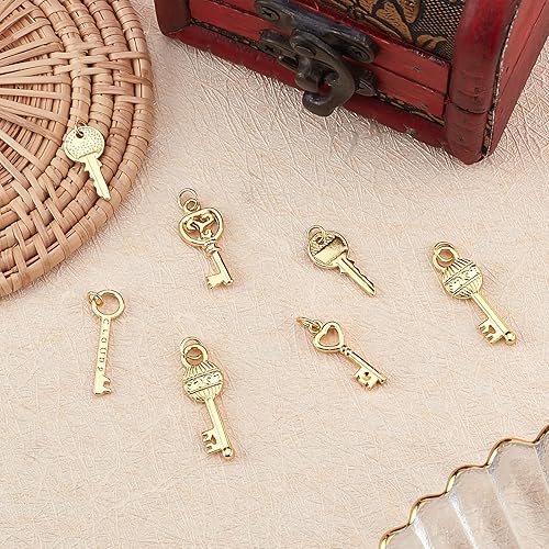 Miniatura 4 de Beebeecraft Juego de 20 dijes para llaves de 5 estilos, chapados en oro de 18 quilates, dijes de llaves de esqueleto, suministros de manualidades