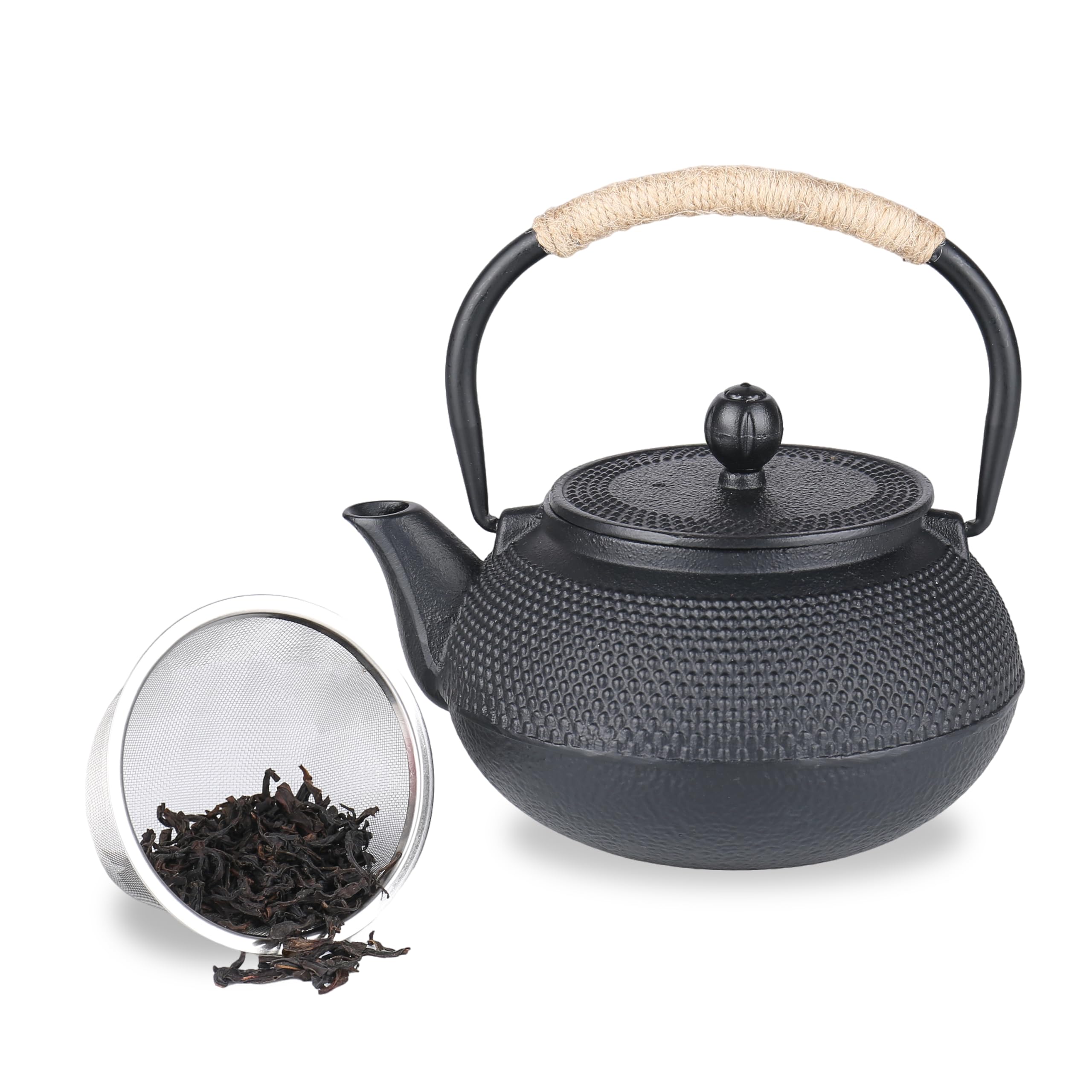 Spring Chef Stovetop Cast Iron Teapot with Stainless Steel Infuser, Black Traditional Japanese Tetsubin Tea Kettle, Removable Infuser Tea Pot Handmade 900ml/30.43oz