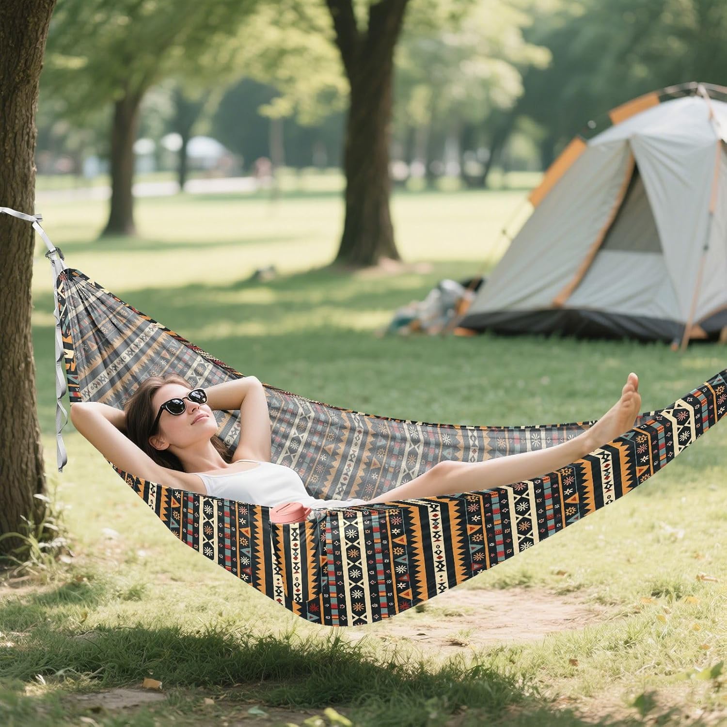 ALAZA Colorful Bohemian Stripes Camping Hammocks Single or 2 Person 500 lbs Portable Parachute Travel Hammock w/Tree Straps for Hiking Backpacking Indoor Outdoor