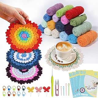 FTEVEN Crochet Kit for Beginners, 4Pcs Coasters Beginners Crochet Start Kit, Complete Knitting Crochet Supplies with Crochet Hooks, Soft Yarn, Step-by-Step Instruction and Video Tutorials