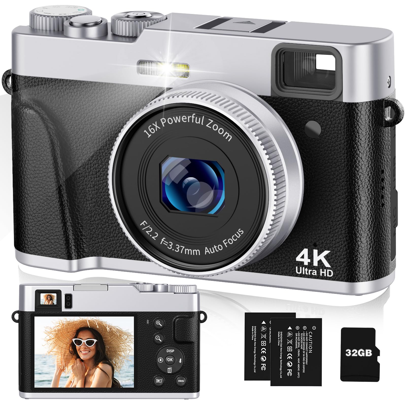 Appareil photo numérique 4K avec viseur optique, mise au point automatique 48 MP, zoom numérique 16X, stabilisation d'image, flash intégré, carte 32 Go et 2 batteries
