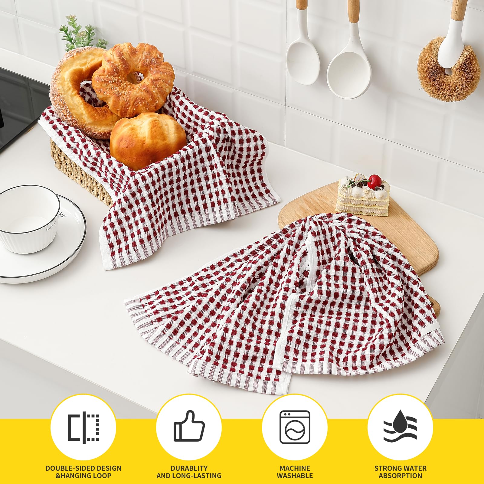 SALAS Paños de cocina de algodón para secar platos de cocina, paños de cocina de rizo de celosía, paños de cocina altamente absorbentes con lazo para colgar, 16 x 26 pulgadas, 6 paquetes, color rojo