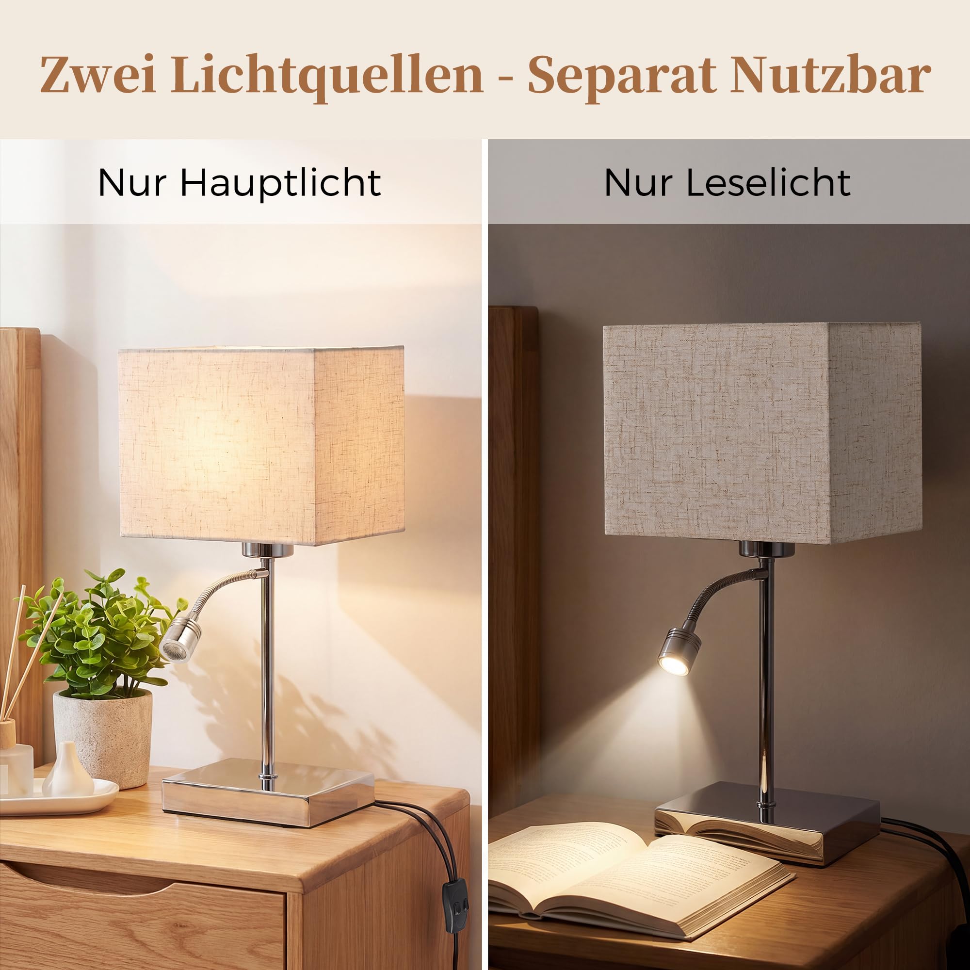 ZMH Lampada da tavolo con cavo, lampada da comodino a LED, E27, design moderno con paralume in tessuto, orientabile a 360°, interruttore separato, lampada da comodino in metallo, per camera da letto