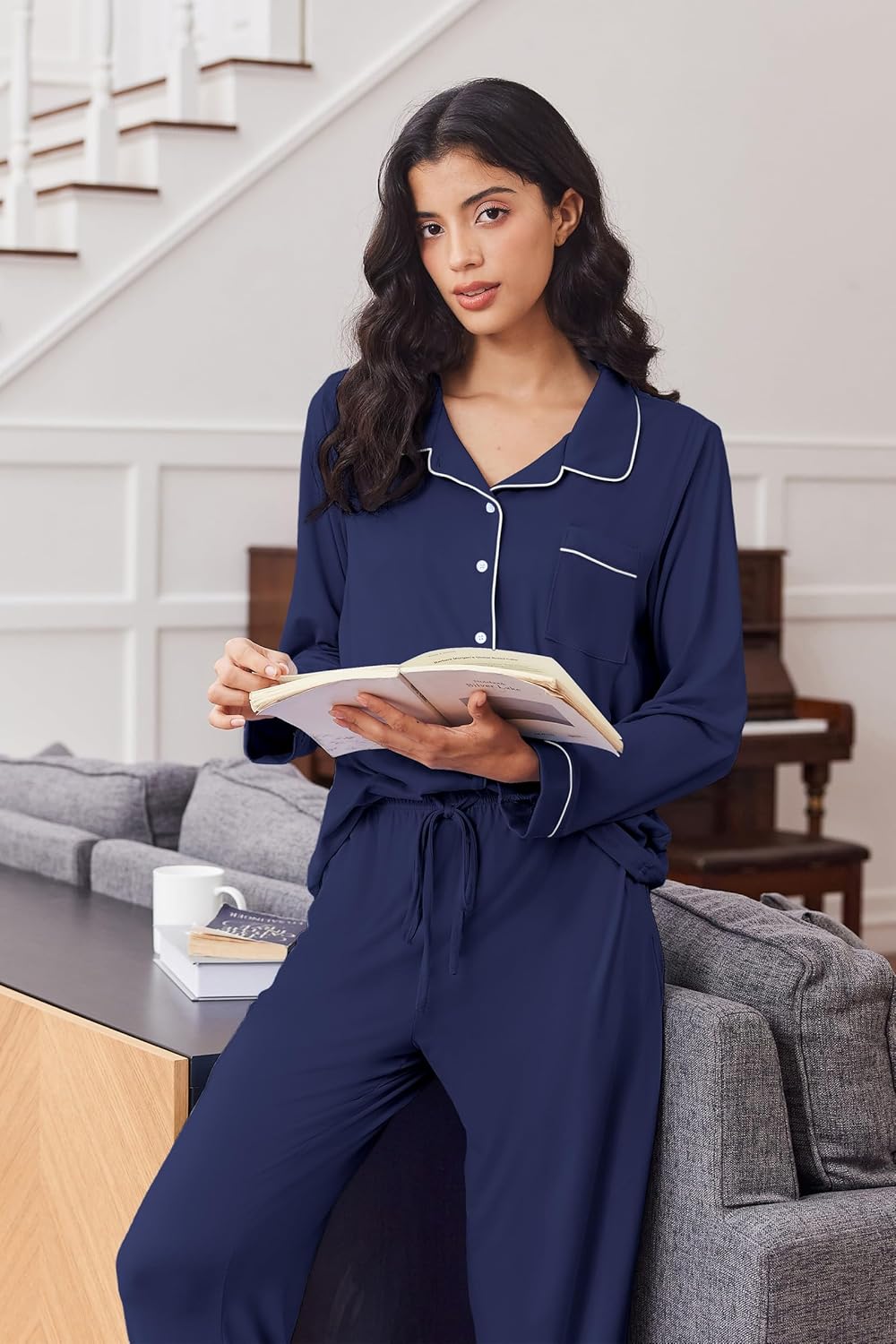 Ekouaer Pajama Sets Women Classic Long Sleeve Button Down Sleepwear Soft Pjs Lounge Sets - Image 3